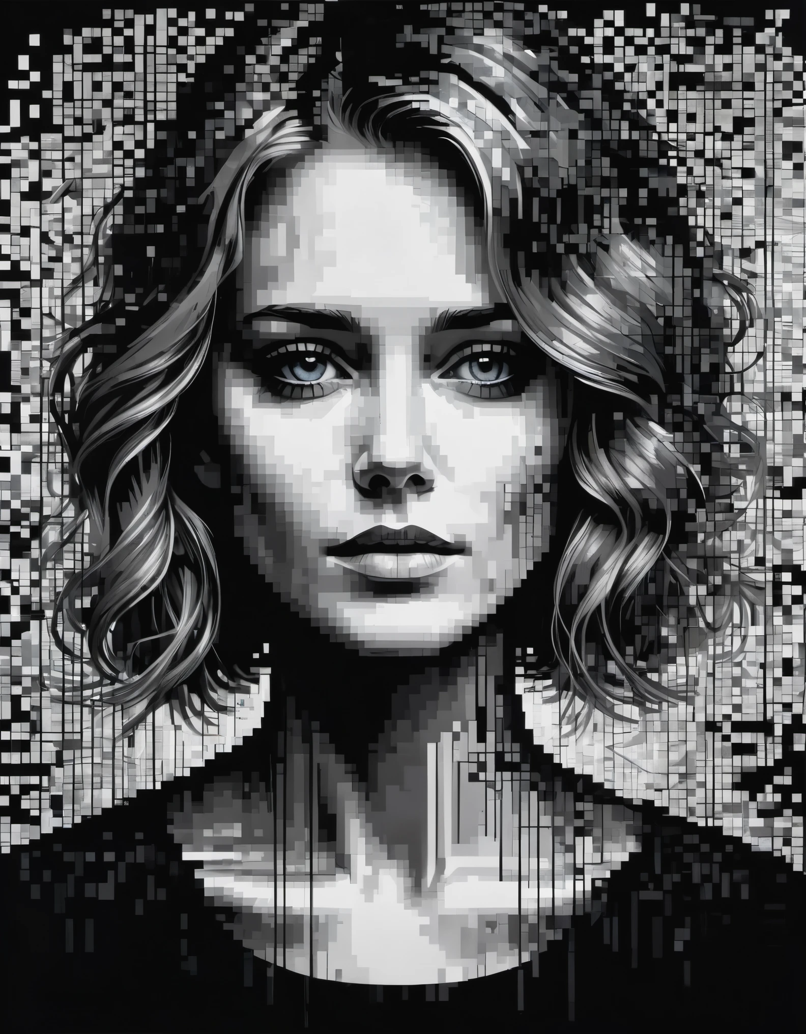 art by a woman whose face is made of pixelated images, in the style of dark black and white, karl kopinski, detailed imagery, pegi nicol macleod, psychological depth in characters, modular, roger deakins