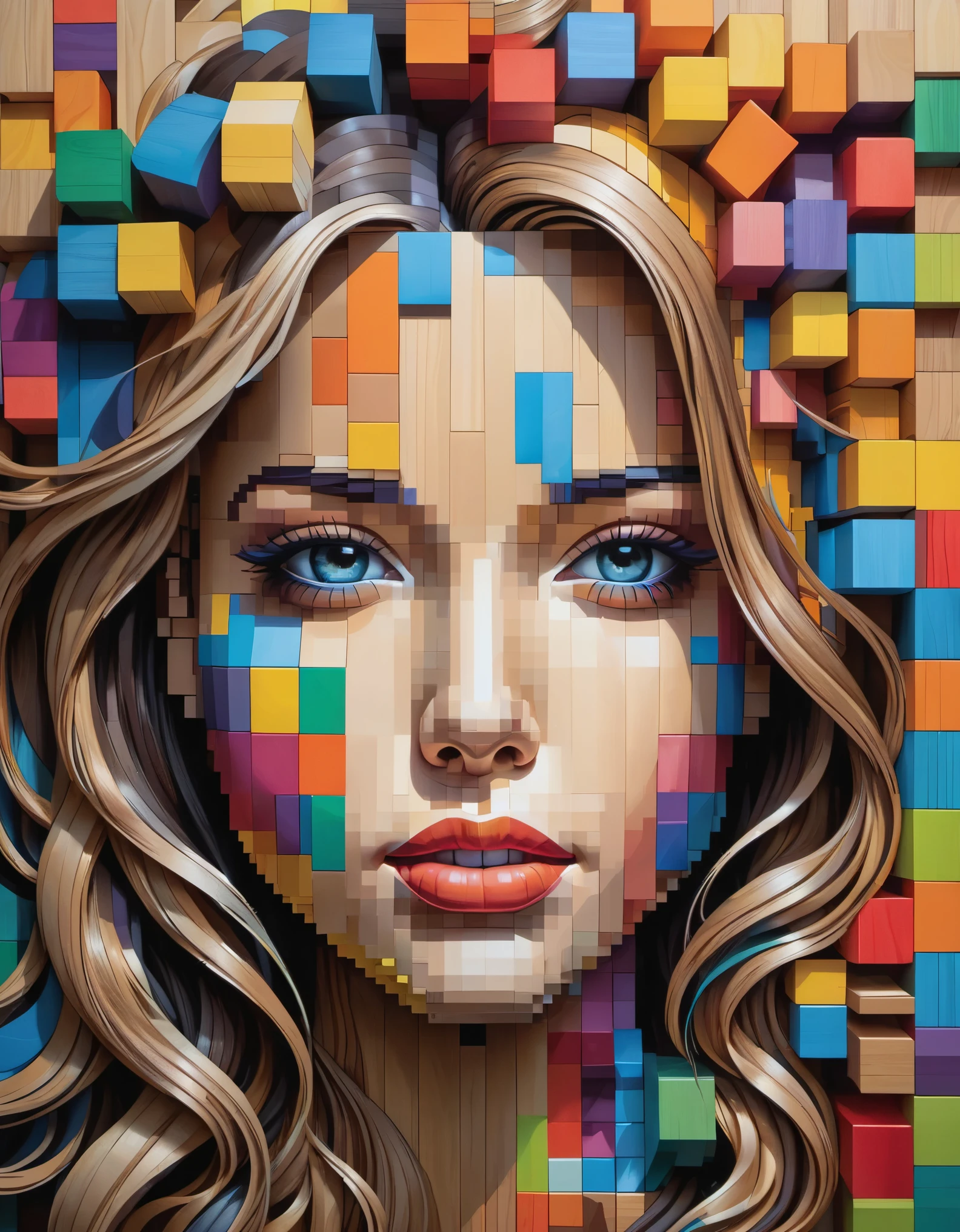 pixel art，Australian artist Gil Bruvel uses colorful wooden blocks to create three-dimensional pixelated portraits of girls