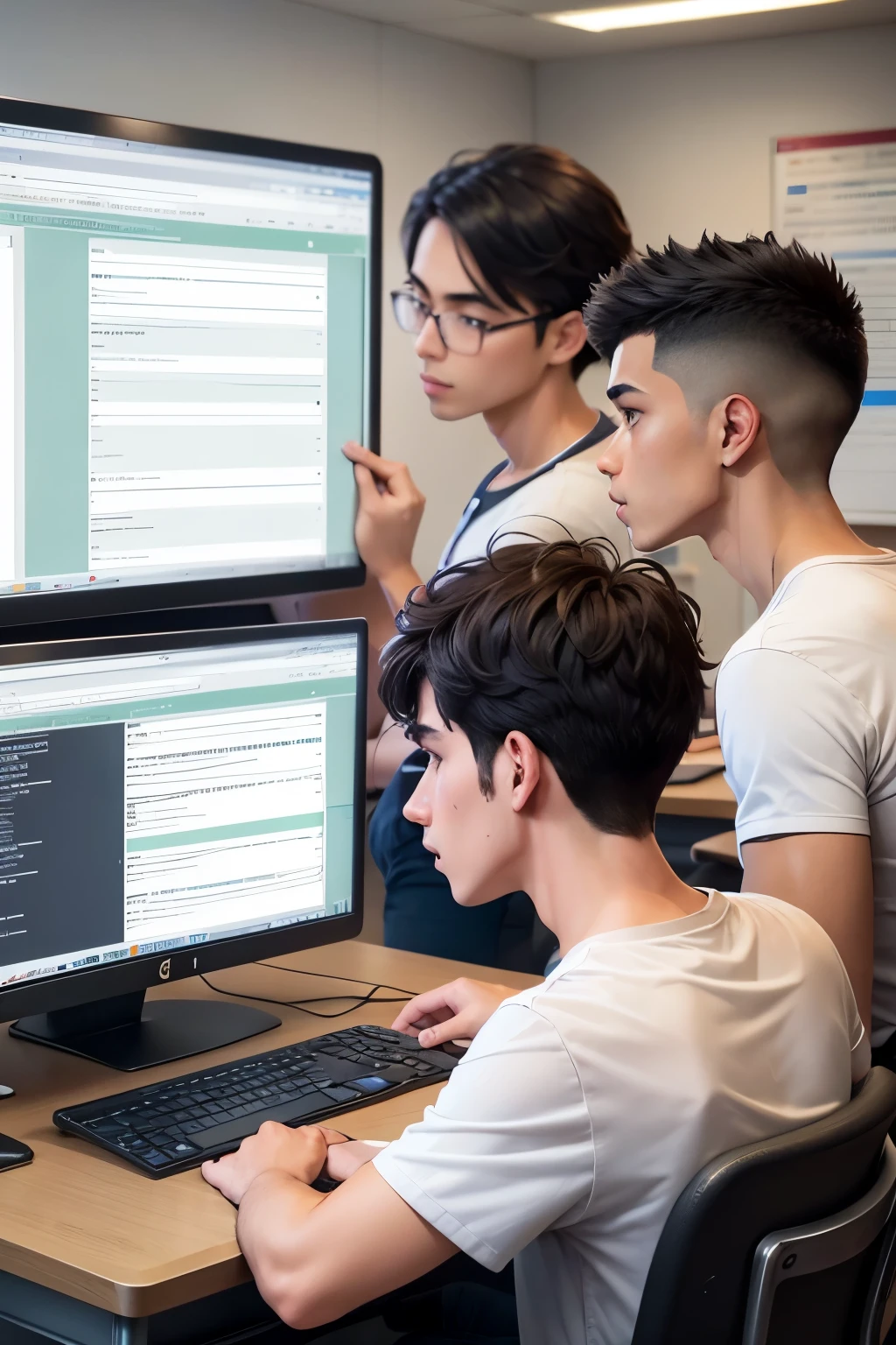 Several male students are learning basic coding on a computer, classroom view with a male teacher explaining the content on the board being taught