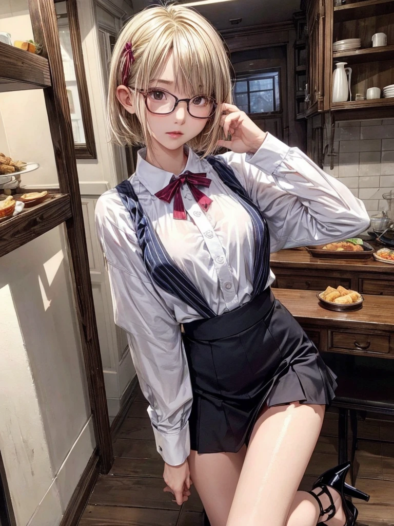 High resolution、perfect skeleton、perfect fingers、perfect face、20 year old female、shiny hair quality、beautiful blonde、short hair、Glasses、Glasses美人、shirt、head ribbon、skirt、high heels、dinner、Backlight、