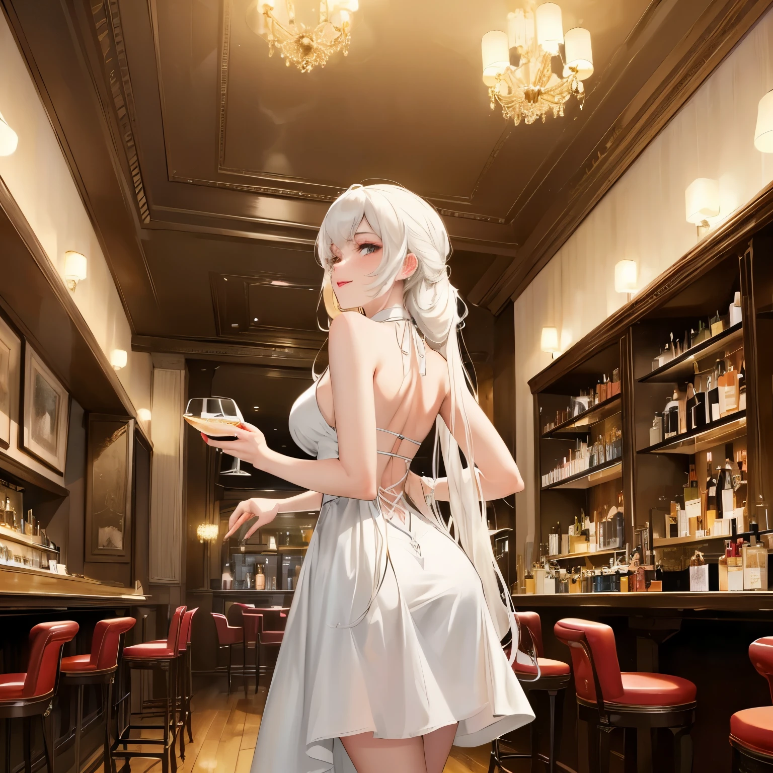 Girl with long white hair，Backless evening dress，High heel，Sitting on a bar stool，best quality, 4K, 8k, Very detailed, High Detail, masterpiece