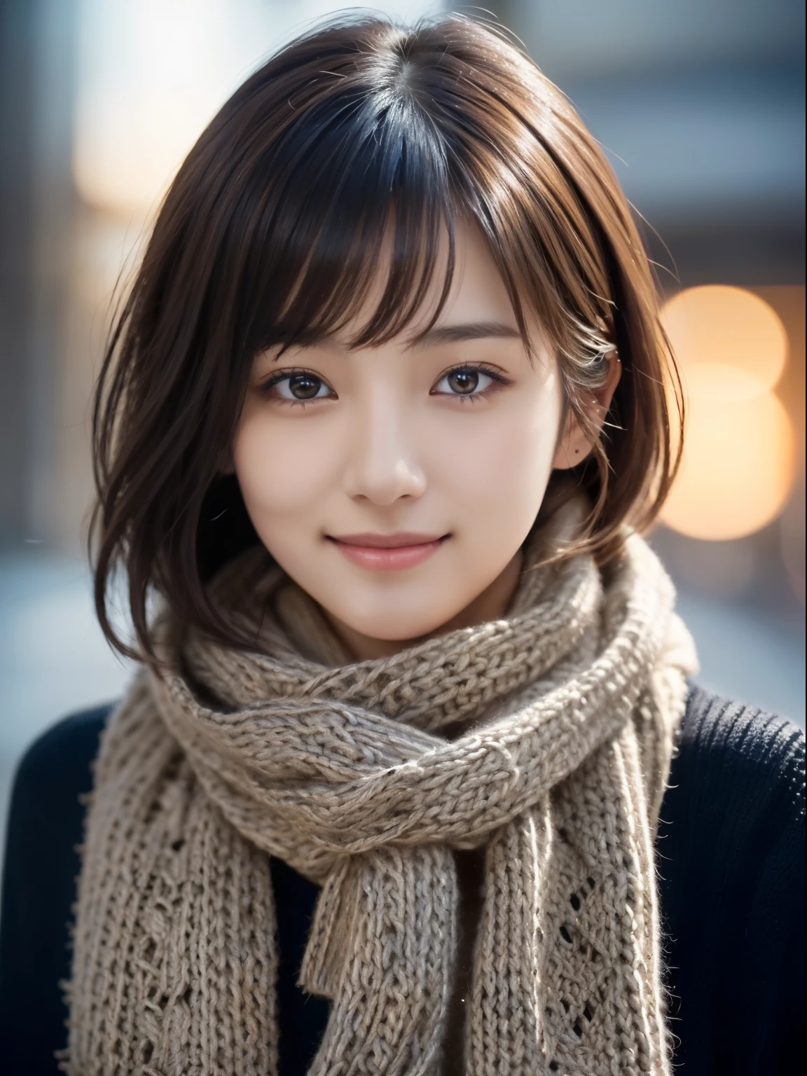 1 Japanese idol,(Black Sweater:1.4),(She wears a knitted scarf around her neck to cover her chin........:1.5), (original photo, best quality), (actual, Realism:1.4), short hair, face slimming, on the table, extremely delicate and beautiful, Very detailed, 8k wallpaper, Astonishing, fine details, Extremely detailed CG unification, high resolution, soft light, beautiful details, 19 years old, Extremely detailed eyes and face, beautiful detailsed nose, Beautiful and delicate eyes,light,city light at night,perfect anatomy,Slender figure,smiling  (messy hair, asymmetrical bangs, light brown hair,)