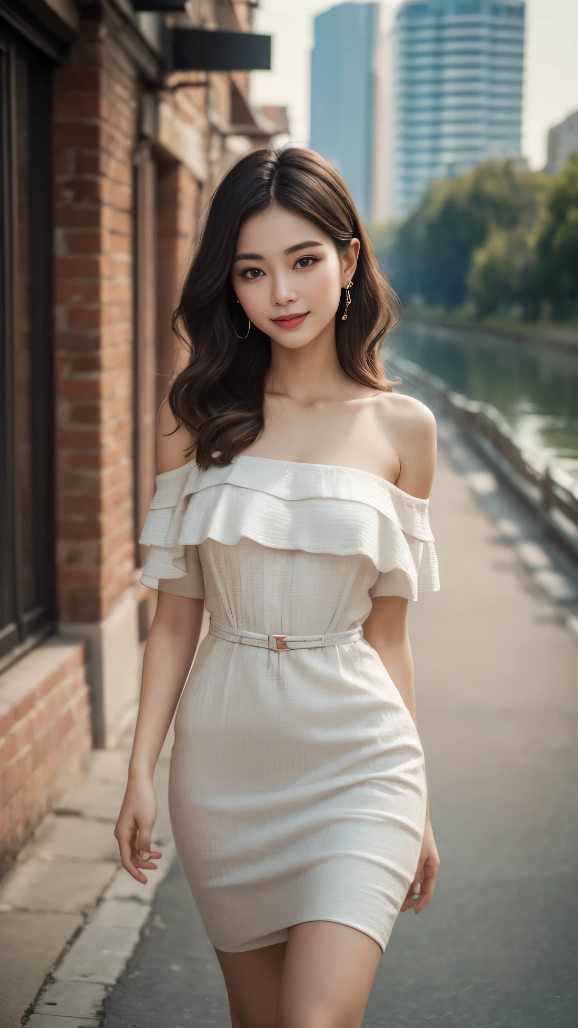 ((best quality, 8 thousand, masterpiece:1.4)), (20세 female), small_face, female, sag_chest, (Beautiful Italian), light smile, cinematic lighting, wide shot, UHD, masterpiece, ccurate, anatomically correct, super detail, textured skin, high details, high quality, best quality, highres, 8k, (nice architectural background), (A walking path with a beautiful river view), She wears a very cute open shoulder blouse dress.,