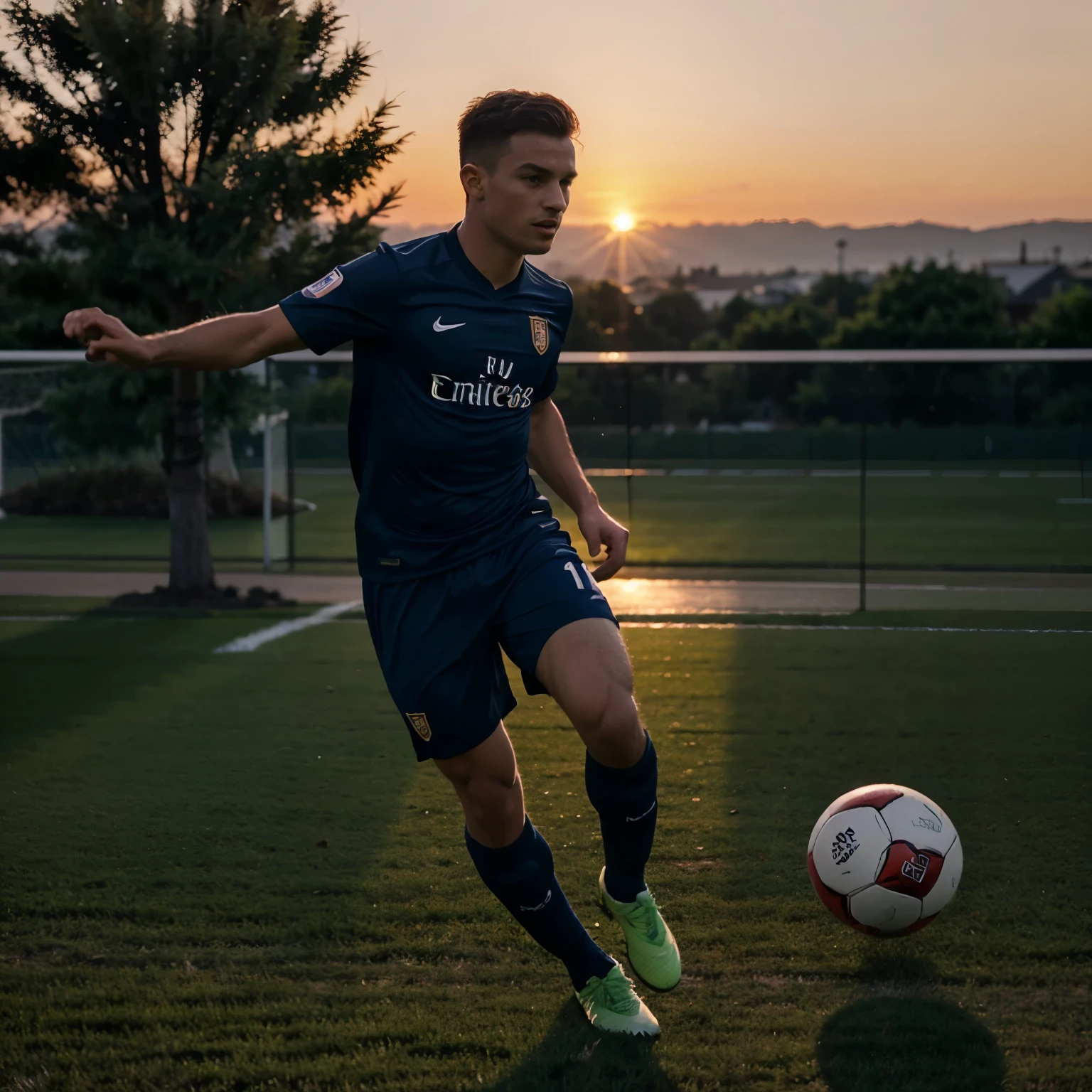 Best quality, 4k picture quality, 1 man, soccer , sunset