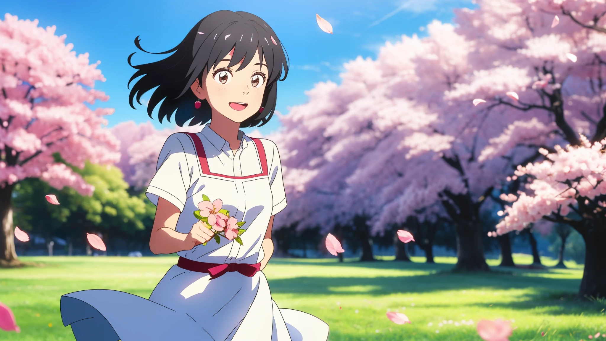 shinkai makoto, kimi no na wa., 1girl, bangs, black hair, blush, round eyes, bright eyes, brown eyes, red headband, red ribbon, short hair, shinny hair, smile, open mouth, :D. cute, beautiful, shiny skin, looking at the viewer, solo, white dress with cherry blossoms, short sleeves, earrings, cherry_blossoms, falling_petals, petals, branch, pink_flower, blue_sky, sunlight, spring_season, perfect hands, holding_flower, wind, tree