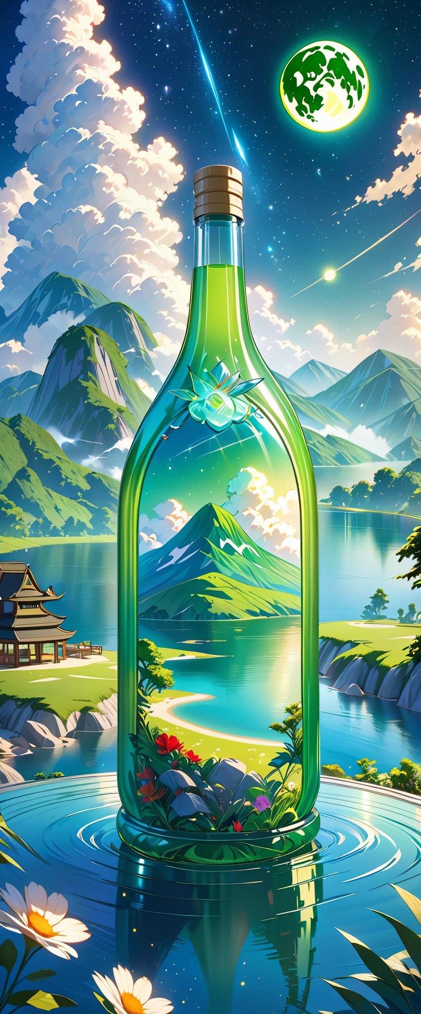 A huge bottle,There is a majestic lake inside , Very high quality and very detailed scenes , octane rendering, starry sky , Dream , Huge green moon , paradise walt , inspiration, imagination