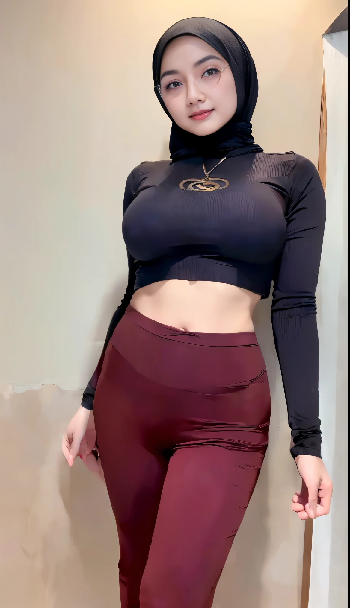 ((masterpiece, top quality, super definition, high definition)), solo, ((19 years old, indonesian beautiful adult girl with hijab)), ((round breasts)), forward chest, slim body, shining eyes, perfect eyes, ((weae Long sleeve knit crop top, tight culottes)), ((weaer thin round circle glasses)), naughty pose