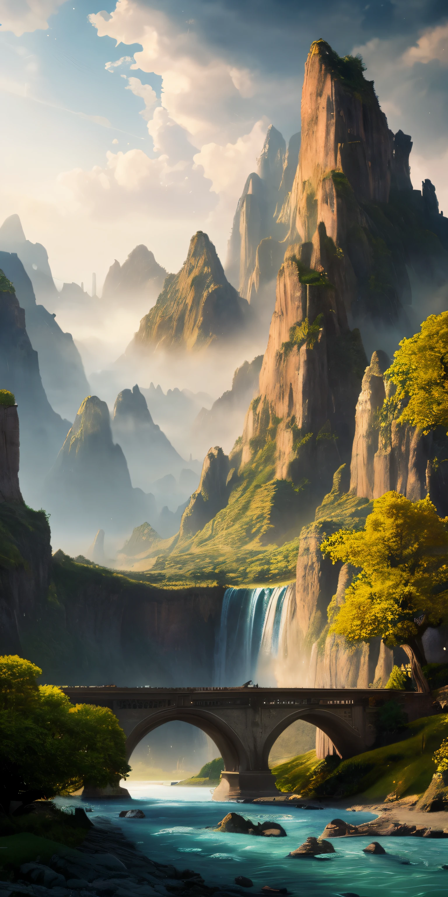 Masterpiece, best quality, high quality, extremely detailed CG unity 8k wallpaper, landscape, outdoor, sky, clouds, sky, no humans, mountain, landscape, water, tree, blue sky, waterfall, cliff, nature, lake, river , cloudy skies, award winning photography, bokeh, depth of field, HDR, bloom, chromatic aberration, photorealism, very detailed, trending on artstation, trending on CGsociety, intricate, high detail, dramatic, half way art