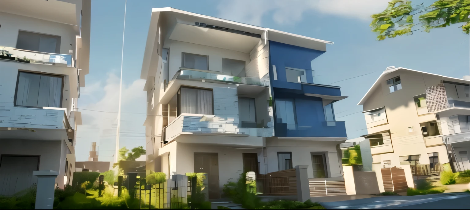 (Townhouse in the city, house near trees), light in front of the house (best quality) ((high solution)) ,((realistic photo)), morning light (sharp view of the house modern small house style street, Narrow area, Vietnam, facade, beautiful facade, curved windows, narrow and long,, soft light, blue sky with clouds, High resolution, super detailed ,4k,vray render, octane render,surreal,expert photographer,exterior design,professional exterior photography