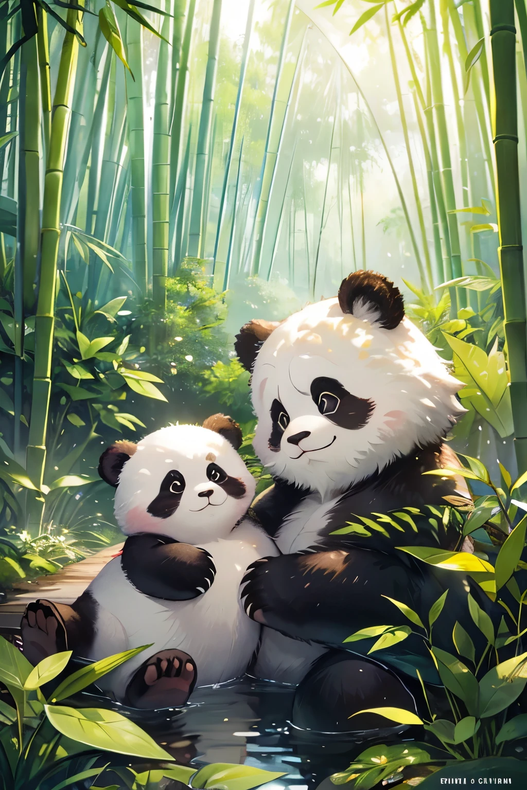 masterpiece, top-quality, high resolution, adorable panda, bamboo forest, rolling around, happy expression, lush green foliage, playful movements, bright eyes shining, detailed textures, capturing the essence of cuteness, realistic rendering, 4K image, foreground focus, shallow depth of field, Bringing out the best features of the charming panda, an inviting scenery of the bamboo forest, every strand of grass and bamboo branch meticulously depicted, natural light filtered through the canopy, creating a serene and calming atmosphere.