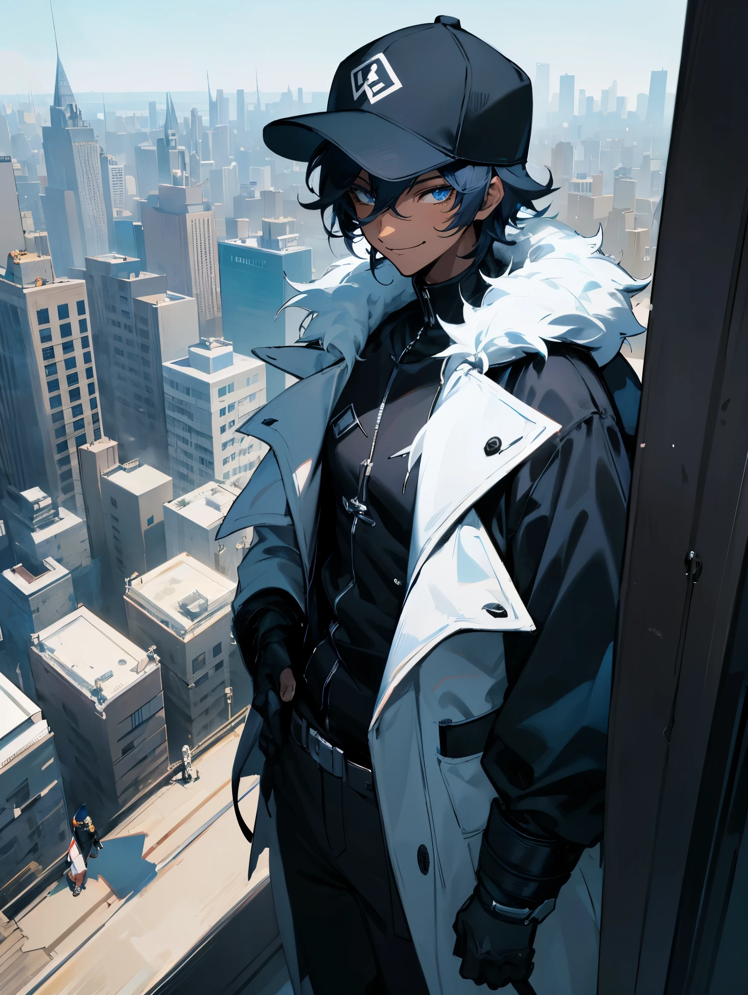 1male , Dark Skin , Short Hair , Black New York Baseball Cap , Black Puffer Coat , Fur Trim Hood , Black Shades , Smiling Expression , Bright Blue Eyes , Standing On Roof , Modern City Background