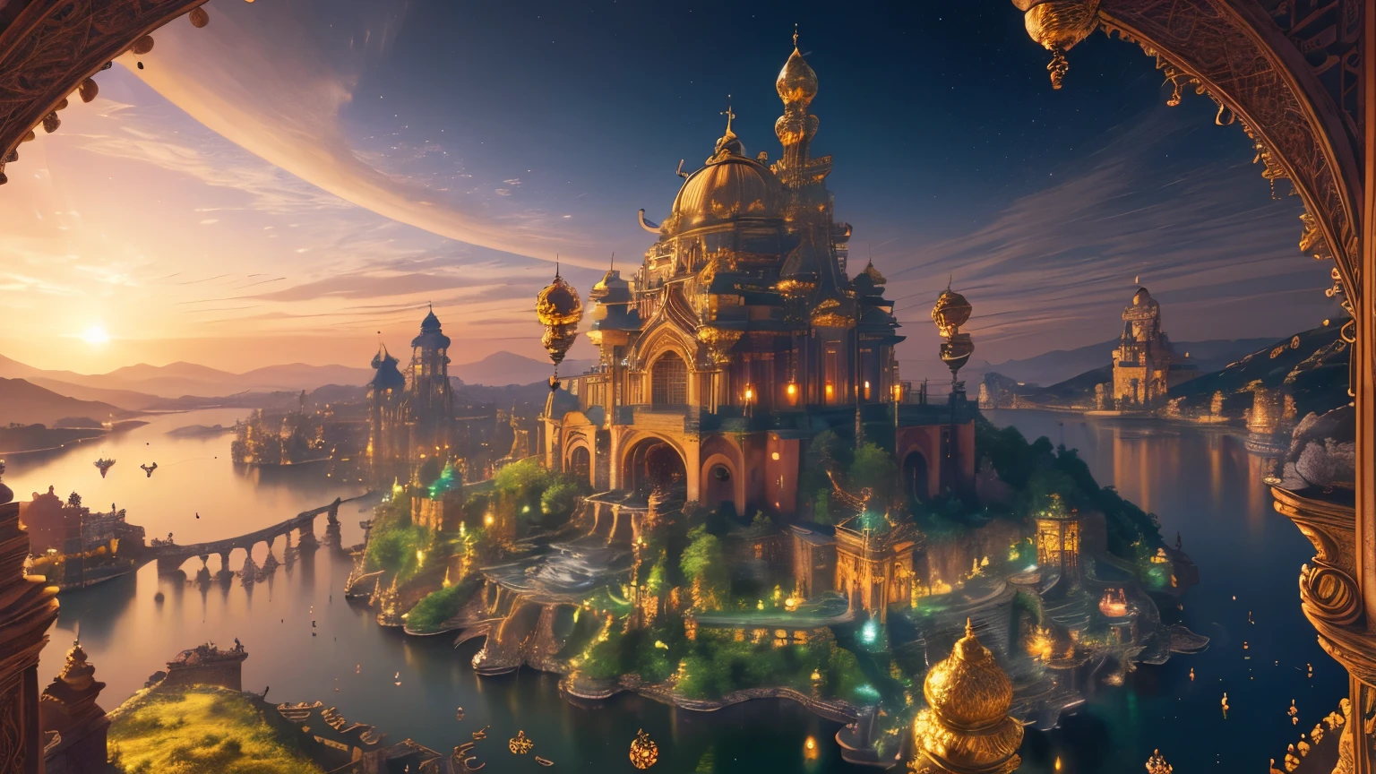 (best quality,4k,8k,highres,masterpiece:1.2),ultra-detailed,(realistic,photorealistic,photo-realistic:1.37),wide angle,bird eye view,fantasy capital city,Atlantis city set up,medieval renaissance port city background,lake flow,magic aura,lush greenery,illuminated canals,ornate architecture,ethereal floating platforms,elaborate towers,glowing gems,enchanted waterfalls,bustling marketplaces,vibrant colors,sunlit skies,towering spires,exquisite craftsmanship,grandiose entrances,secret passageways,mysterious statues,winding cobblestone streets,whispering trees,picturesque bridges,arched doorways,dragon statues,mythical creatures,stunning mosaics,intricate details,harmonious blend of cultures,folklore-inspired murals,floating lanterns,celestial patterns,floating gardens,golden statues of gods,celestial music filling the air,tranquil atmosphere,hidden treasure caverns,serene temples,floating palaces,pulsating energy,airships gliding through the sky,endless adventures.