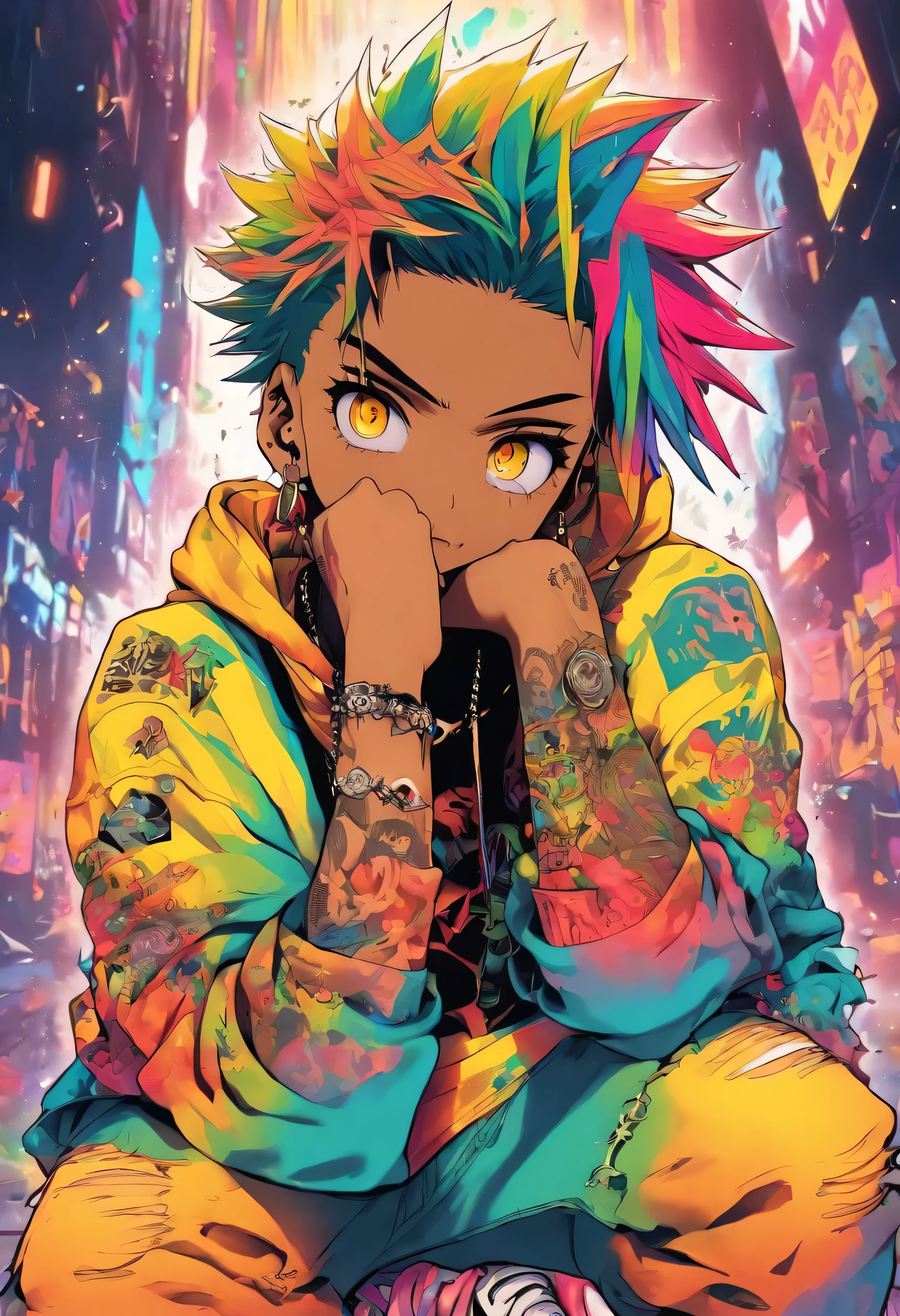 Cool and trendy men, rainbow-colored hair, Yellow eyes, Wear trendy hip-hop clothes, Wearing a hoodie, Graphic T-shirt and ripped jeans, Lots of tattoos and piercings, Doodle style background, Highly detailed background, perfect masterpiece, High quality, High resolution