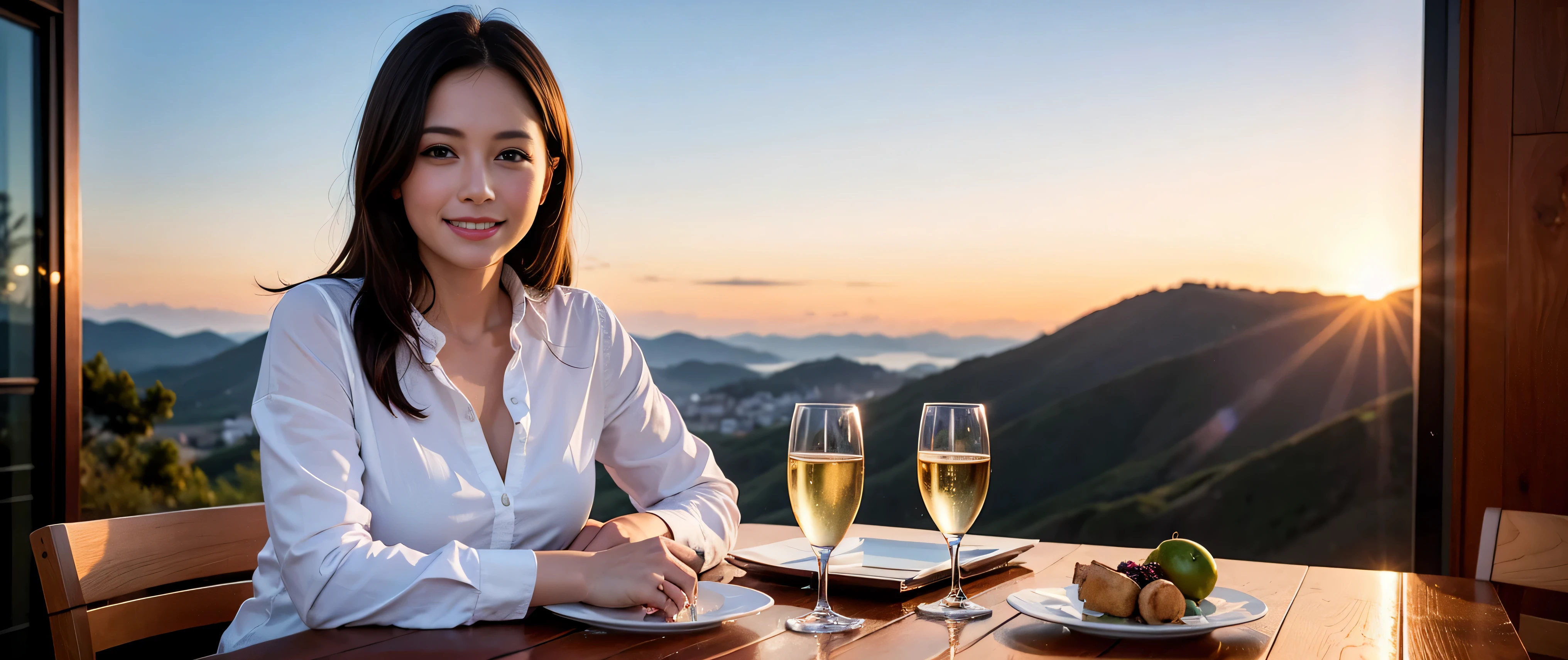 64k, Hmm, highest quality, masterpiece: 1.2), (realistic, photorealistic: 1.37), Spectacular view of the sunset sky and clouds、Amazing mountain views、3 slim beauties, (slim face),Happy、 the best smile、Fox face、Berry Short、(because I&#39;thin), (brown hair), (shortcut), long sleeve shirt、winter fashion、Colombian、Brazilian、Japanese、Dutch、German、Portuguese、Belgian、Italian、French,Champagne、sparkling wine、 (Squirting), (slim body), (brown hair), (shortcut), neat beauty、cheeks turn a little red, (40 years old), 38 years old, alone, A beautiful and detailed night view spreads out outside the window......., restaurant, wine glass is sitting, At night, in a prominent place (from the Upper body) nova frog style, actress, model, Upper body, White wine, slim, wine glass, Very beautiful night view, wine glass Put in the Middle, Happy smile, (smile: 1.15), 