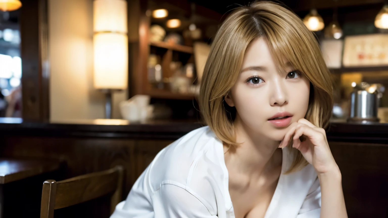 (masterpiece:1.2), super detailed, ultra high resolution, (realistic, photo realistic:1.37), High-definition RAW color photos, professional photos, highly detailed face, very fine eyes, highly detailed skin, very fine fingers, highly detailed nose, highly detailed mouth, perfect anatomy, highly detailed background, (famous japanese actress:1.2), (gal:1.3), Brown people, (blonde hair:1.3), Very short cut hair, cafe background, Cafes in New York, (wearing a white shirt, mini skirt:1.3),