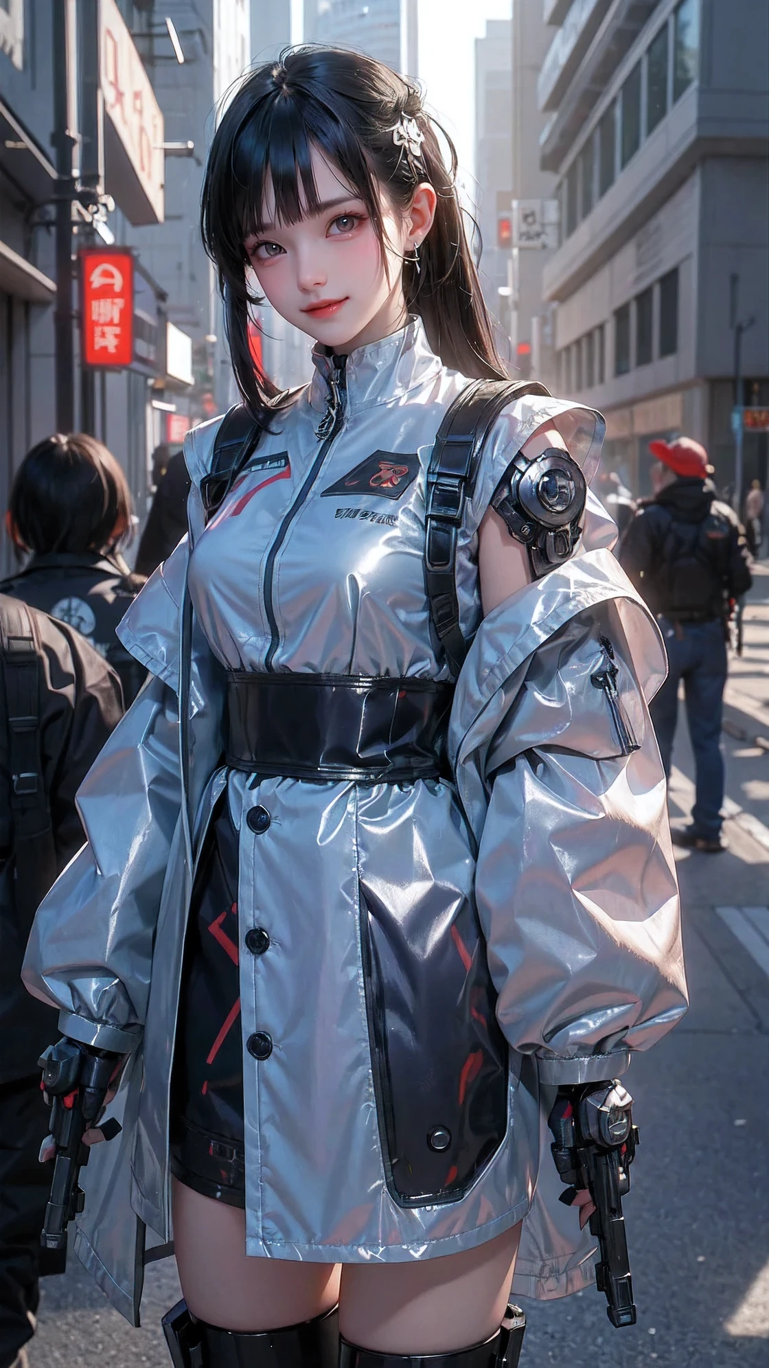 (cowboy shot:1.5), anime character with a backpack and a gun in his hand, cyberpunk anime girl mech, digital cyberpunk anime art, mechanized soldier girl, guweiz on artstation pixiv, girl in mecha cyber armor, by Russell Dongjun Lu, cool mecha style, guweiz on pixiv artstation, artwork in the style of guweiz