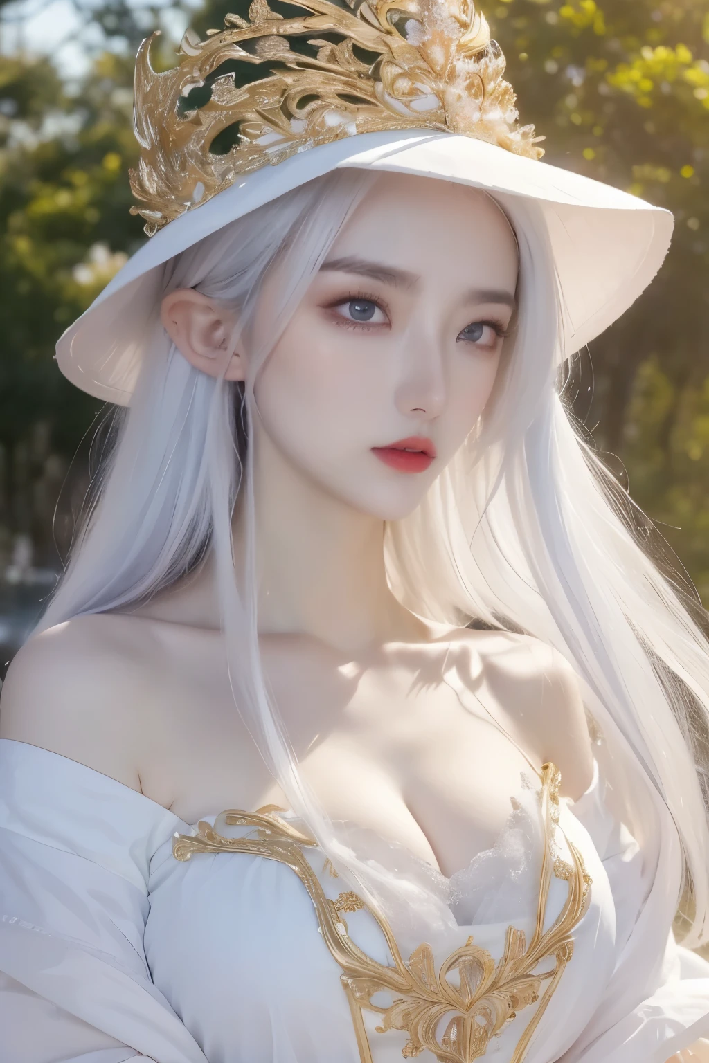 Close-up of a woman wearing a skirt and hat, ethereal beauty, ((beautiful fantasy queen)), guweiz, beautiful fantasy queen, Beautiful and elegant elf queen, Light milky white porcelain skin, porcelain white skin, Beautiful youthful temperament, Inspired by Huang Ji, ethereal fantasy, Popular topics on cgstation, ethereal!!! Surreal, 8K))