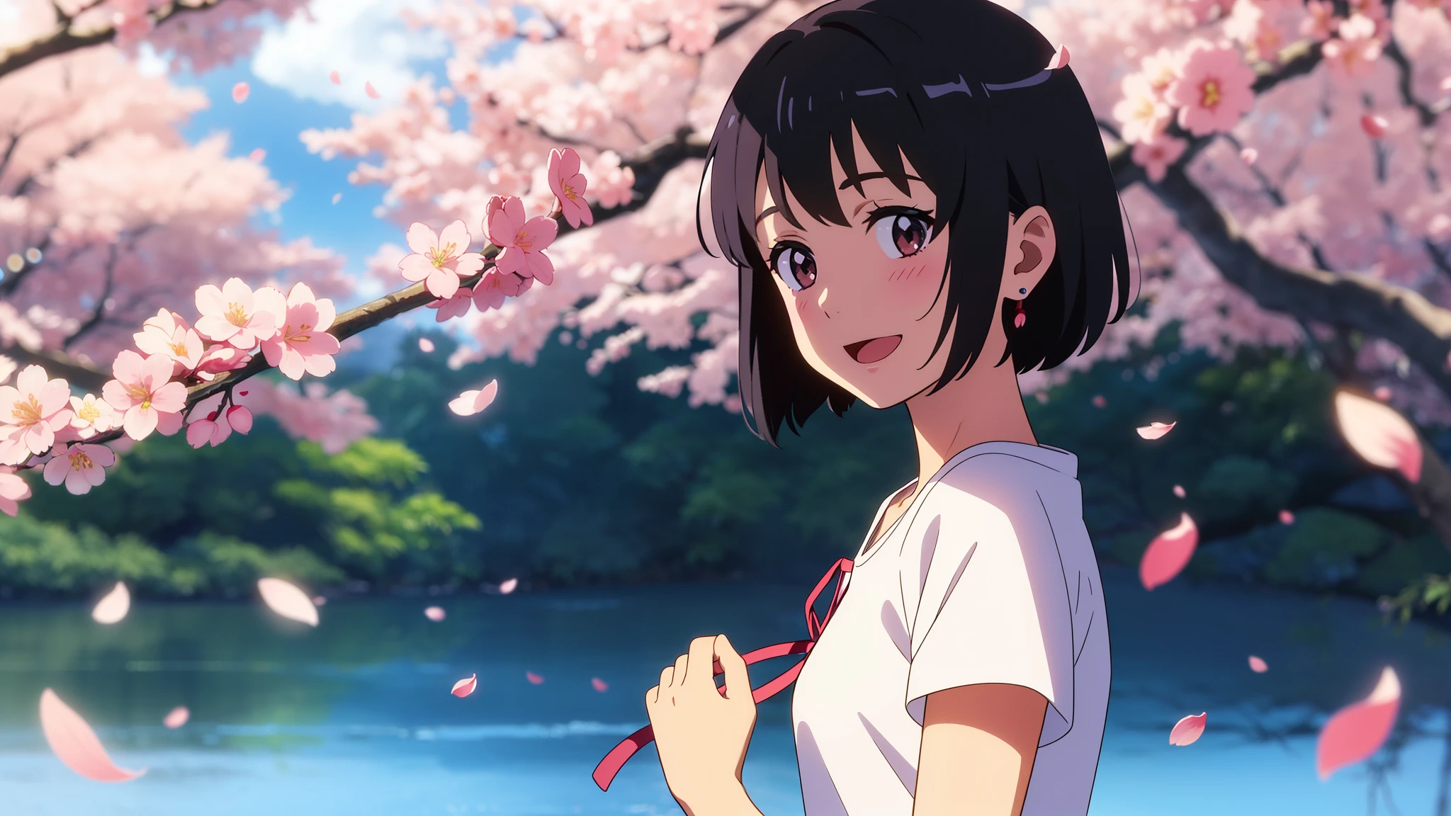 shinkai makoto, kimi no na wa., 1girl, bangs, black hair, blush, round eyes, bright eyes, brown eyes, red headband, red ribbon, short hair, shinny hair, smile, open mouth, :D. cute, beautiful, shiny skin, looking at the viewer, solo, white dress with cherry blossoms, short sleeves, earrings, cherry_blossoms, falling_petals, petals, branch, pink_flower, blue_sky, sunlight, spring_season, perfect hands, holding_flower, wind, tree