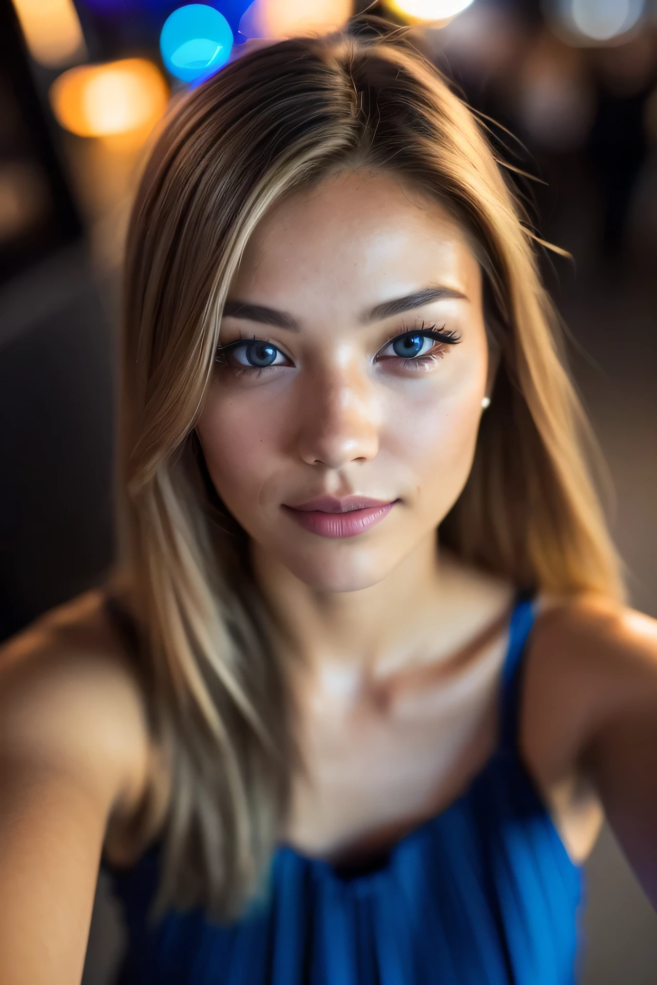 (selfie shot, from above: 1.4), (half-body portrait: 1.4), 22-year-old blonde (brown-eyed woman) walking in a bar RAW uhd portrait photo, natural breast_b, city background at night, (royal blue dress), (crack), detailed (texture!, hair!, shine, color!!, flaws: 1.1), highly detailed glowing eyes, (looking at camera), specular light, dslr, extreme quality, sharp focus, sharp, dof, Film grain, (centered), Fujifilm XT3, crystal clear, center of frame, cute face, sharp focus, street lamp, neon lights, bokeh, (dark light), low key, night, (night sky ) detailed skin pores, oil Dark skin, brown, complex eye details, f-stop 1.3, camera Hasselblad H6D-400c MS