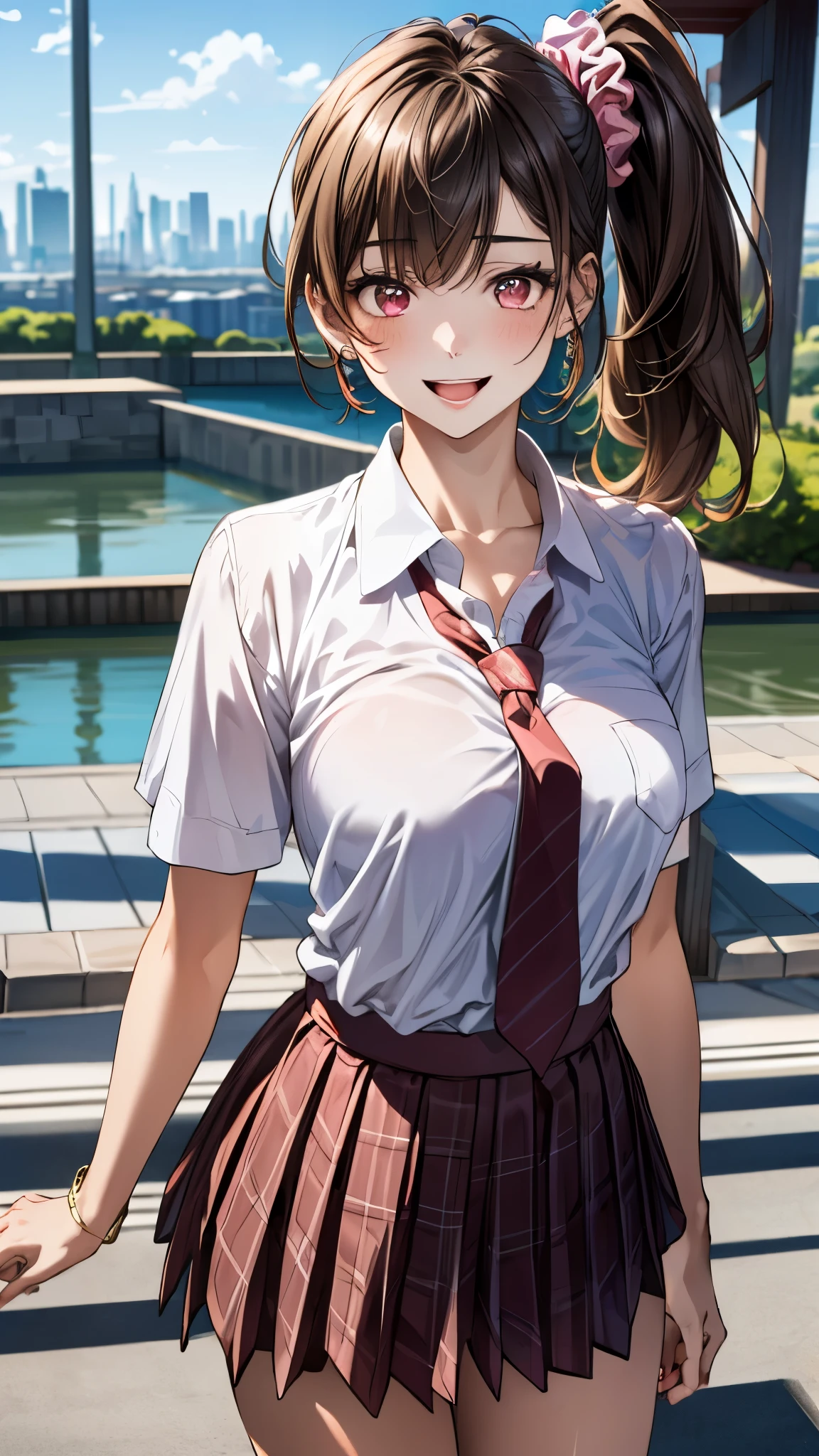(masterpiece:1.3, top-quality, ultra high res, ultra detailed), (realistic, photorealistic:1.4), beautiful illustration, perfect lighting, colorful, depth of fields,
beautiful detailed hair, beautiful detailed face, beautiful detailed eyes, beautiful clavicle, beautiful body, beautiful chest, beautiful thigh, beautiful legs, beautiful fingers,
looking at viewer, 1 girl, japanese, high school girl, perfect face, (perfect anatomy, anatomically correct), cute and symmetrical face, babyface, , shiny skin,
(long hair:1.7, side ponytail:1.6, light brown hair), asymmetrical bangs, dark red eyes, long eye lasher, (medium breasts), slender,
((collared short sleeve shirt, pink plaid pleated skirt, red tie)), polka dot hair scrunchie,
(beautiful scenery), evening, (park, cityscape in the distance), (walking, sexy pose),, (lovely smile, upper eyes, open mouth),