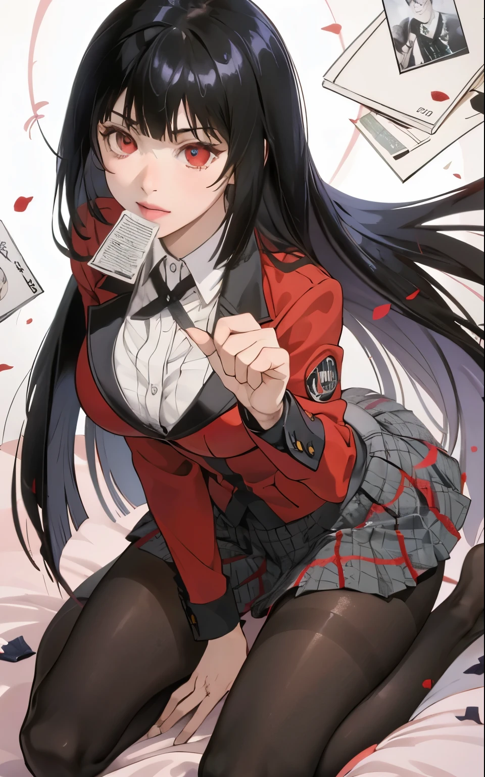 original photo:1.2),(realistic:1.4),beautiful detailed girl,very detailed eyes and face,beautiful detail eyes, high resolution,very detailed, best quality, masterpiece, illustration, very detailed, CG,unified,8k wallpaper,amazing,fine detail,masterpiece,best quality, perfectlighting,1 girl, (((kakegurui yumeko))),long hair, blunt bangs, red eyes, school uniform, red jacket, pantyhose, white shirt, black ribbon, pleated skirt, dynamic pose