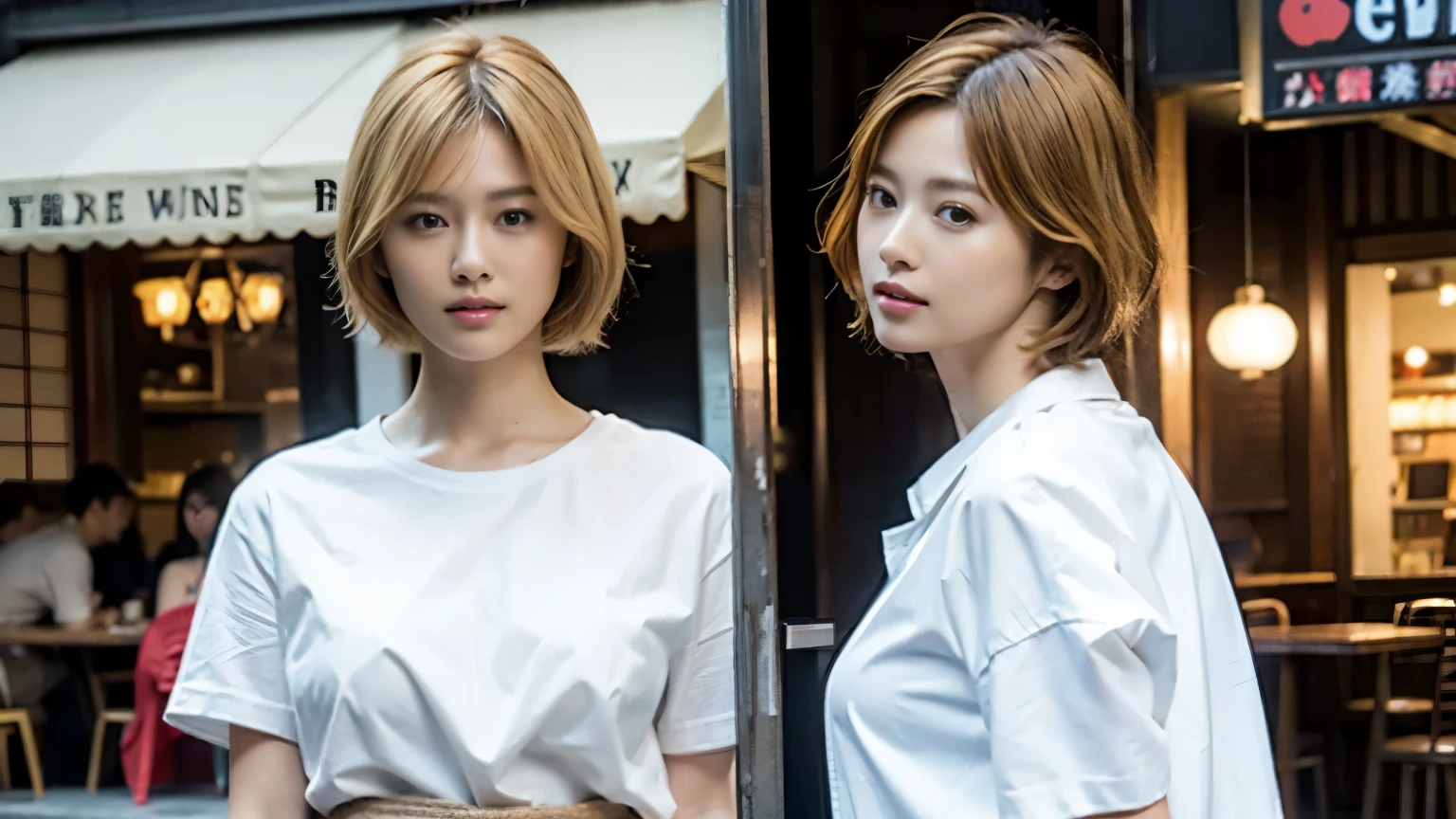 (masterpiece:1.2), super detailed, ultra high resolution, (realistic, photo realistic:1.37), High-definition RAW color photos, professional photos, highly detailed face, very fine eyes, highly detailed skin, very fine fingers, highly detailed nose, highly detailed mouth, perfect anatomy, highly detailed background, (famous japanese actress:1.2), (gal:1.3),  Brown people, (blonde hair:1.3), Very short cut hair, cafe background, Cafes in New York, (wearing a white shirt, mini skirt:1.3),