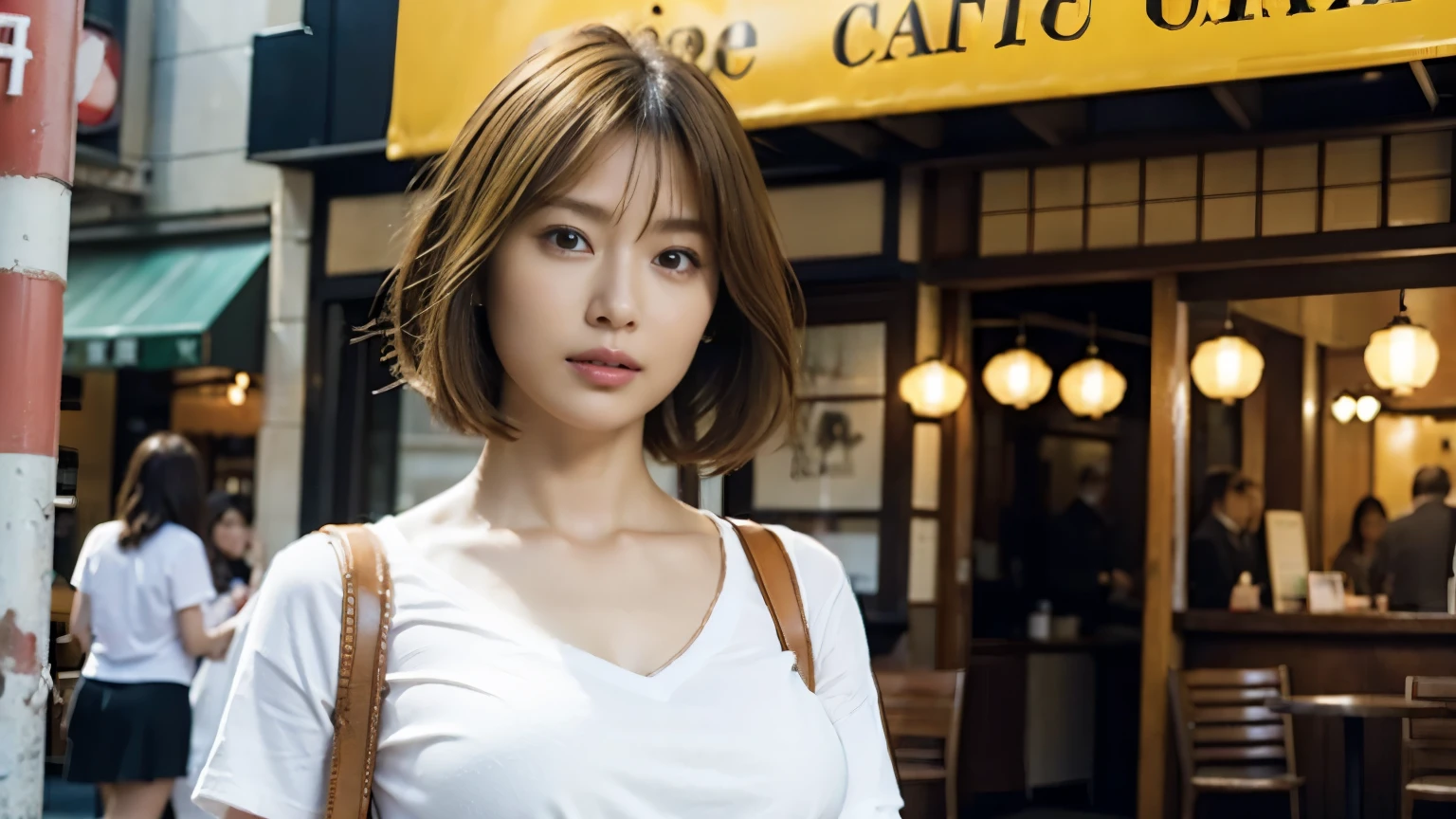 (masterpiece:1.2), super detailed, ultra high resolution, (realistic, photo realistic:1.37), High-definition RAW color photos, professional photos, highly detailed face, very fine eyes, highly detailed skin, very fine fingers, highly detailed nose, highly detailed mouth, perfect anatomy, highly detailed background, (famous japanese actress:1.2), (gal:1.3),  Brown people, (blonde hair:1.3), Very short cut hair, cafe background, Cafes in New York, (wearing a white shirt, mini skirt:1.3),