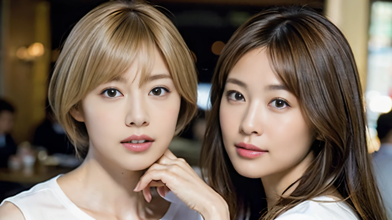 (masterpiece:1.2), super detailed, ultra high resolution, (realistic, photo realistic:1.37), High-definition RAW color photos, professional photos, highly detailed face, very fine eyes, highly detailed skin, very fine fingers, highly detailed nose, highly detailed mouth, perfect anatomy, highly detailed background, (famous japanese actress:1.2), (gal:1.3), Brown people, (blonde hair:1.3), Very short cut hair, cafe background, Cafes in New York, (wearing a white shirt:1.3),