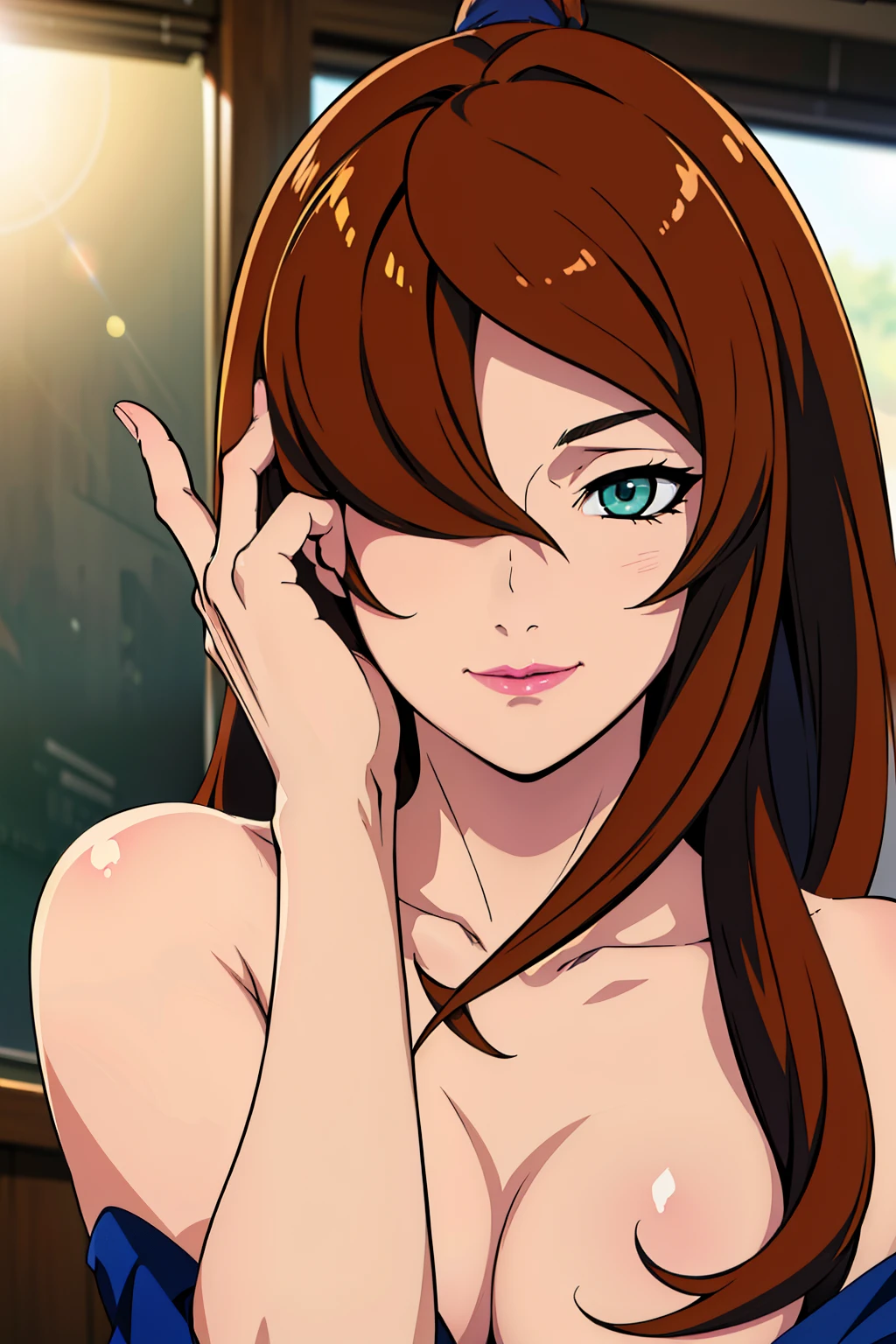 Student outfit, classroom background, mei terumi, oda non style, anime cels style, smiling, long hair, brown hair, (ponytail), green eyes, ((hair over one eye)), (pink lipstick), best quality, high resolution, (cowboy shot, 1 girl, 30yo,Young female,Beautiful Finger,Beautiful long legs,Beautiful body, Beautiful Nose,Beautiful character design, perfect eyes, perfect face,expressive eyes, perfect balance, looking at viewer,(Focus on her face), official art,extremely detailed CG unity 8k wallpaper, perfect lighting,Colorful, Bright_Front_face_Lighting,White skin, (masterpiece:1.0),(best_quality:1.0), ultra high res,4K,ultra-detailed, photography, 8K, HDR, highres, absurdres:1.2, Kodak portra 400, film grain, blurry background, bokeh:1.2, lens flare, (vibrant_color:1.2),professional photograph, (Beautiful,large_Breasts:1.4), (beautiful_face:1.5),(narrow_waist)