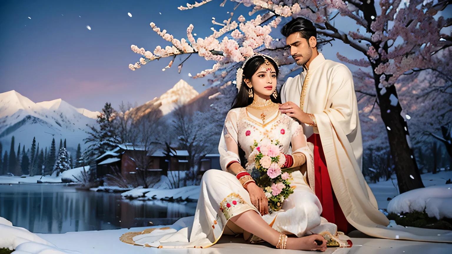 (Numerous award-winning masterpieces, with incredible details), traditional indian marriage couple, extremely beautiful woman, fair skin, extremely handsome north indian man, elegant skin, both wearing traditional Indian clothing, sakura flowers on the side, snowy mountain in the background