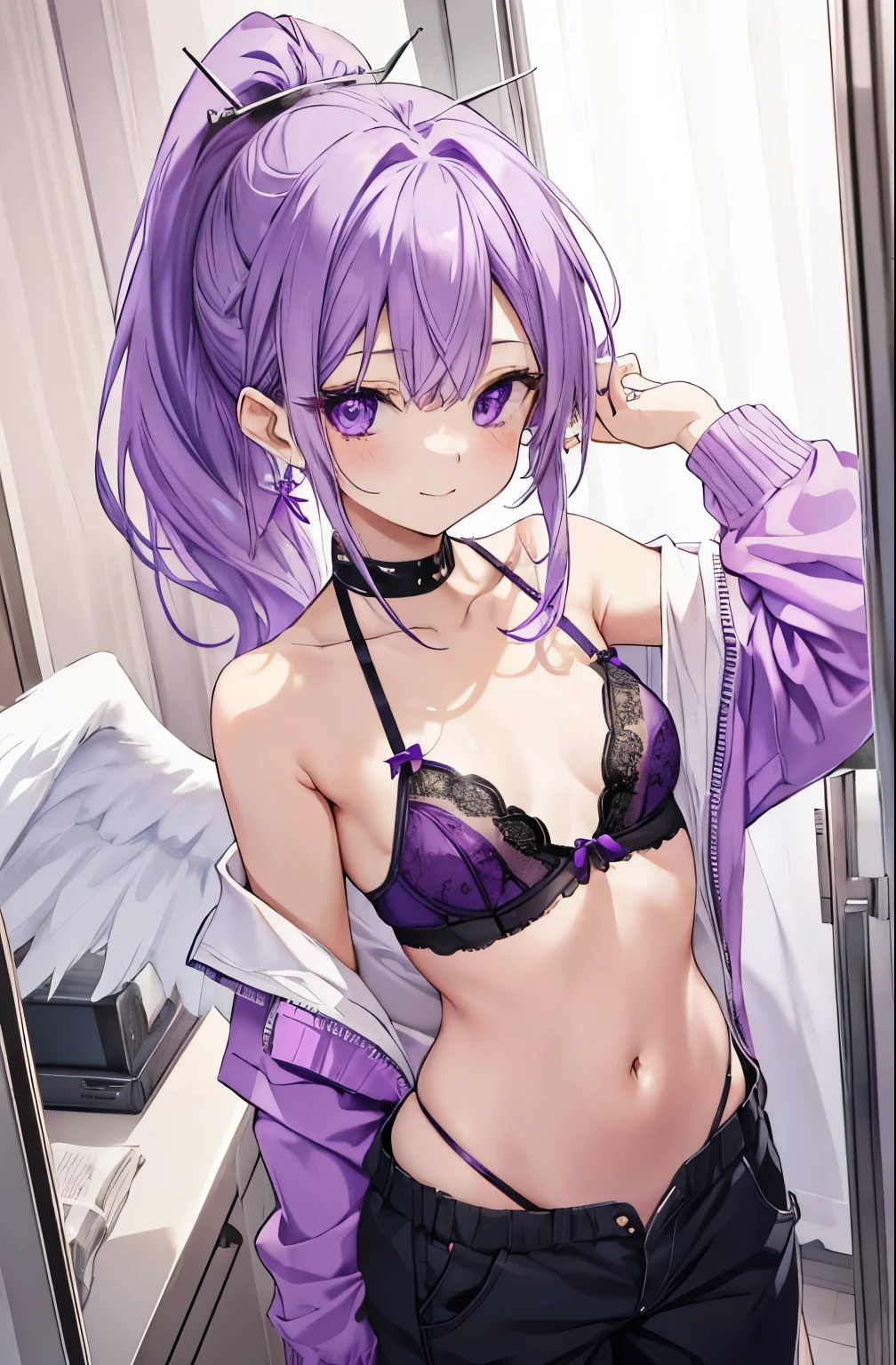 purple hair purple eyes、 girl、small breasts、Ponytail、smile、naughty clothes、gal girl、wearing cute earrings、With angel wings、There'There's an angel ring on your head、In underwear、I can see your pants、not wearing pants、sexy lingerie
