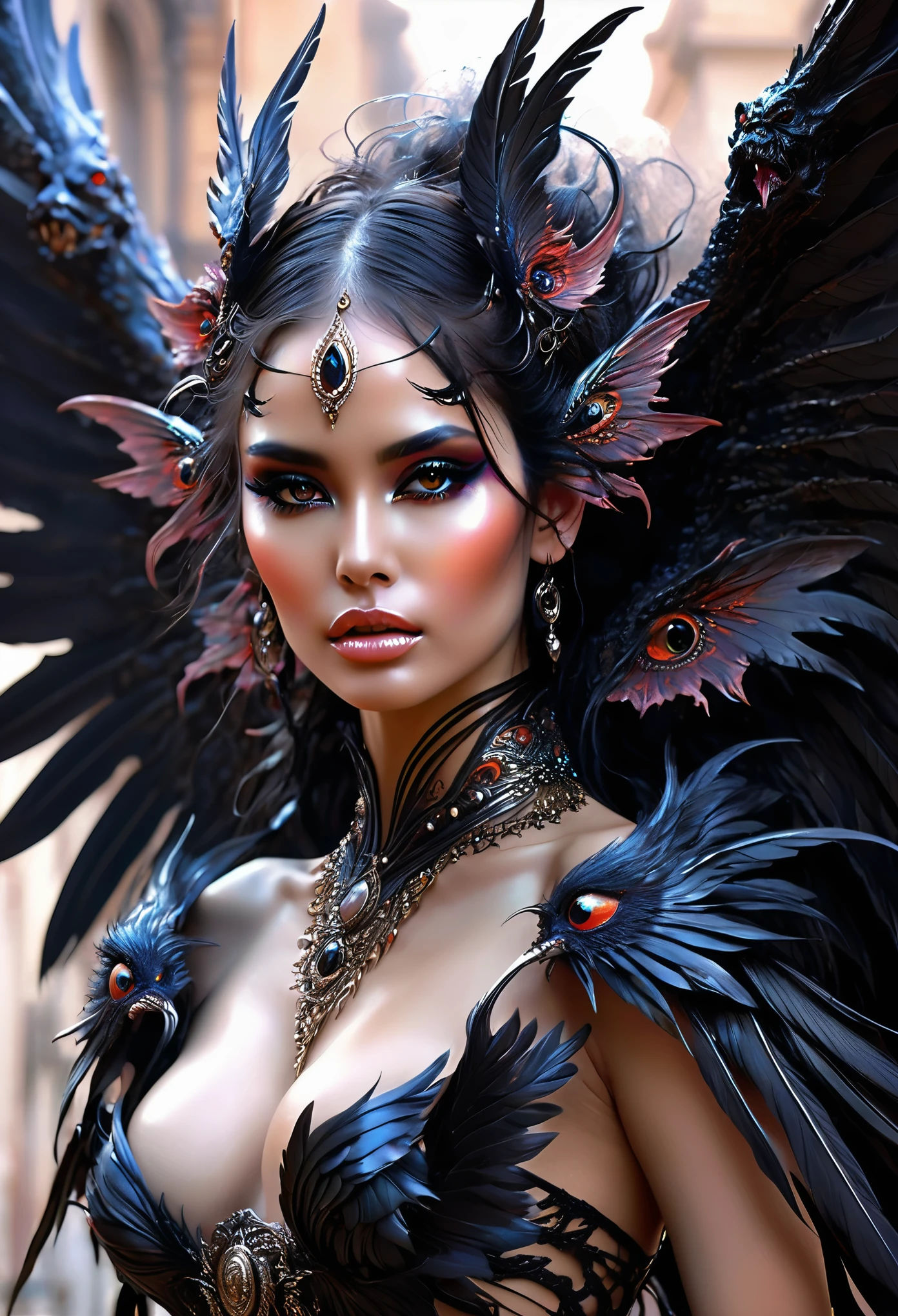 beautiful woman with beautiful wings enlaced a beast adorned look like hellish Monster. Inspired by Louis Royo's universe, this art form captures the essence of Royo's dark aesthetic.