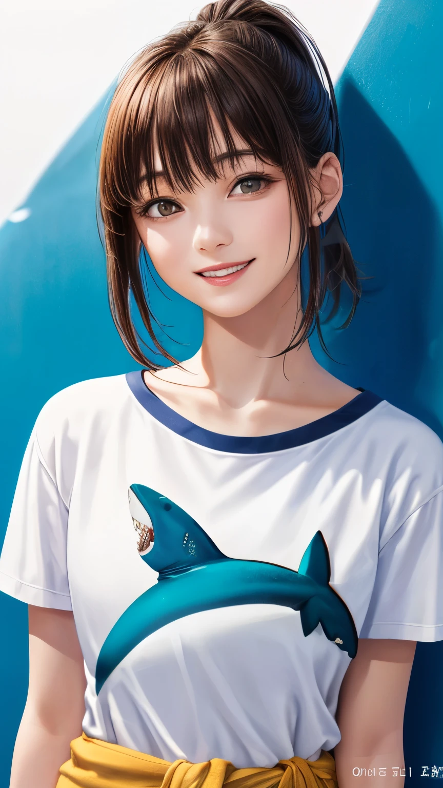 detailed eyes , huge breasts , braided hairstyle , portrait , white t-shirt , dolphin shorts , black background , black hair , smile , black eyes , nsfw , attention