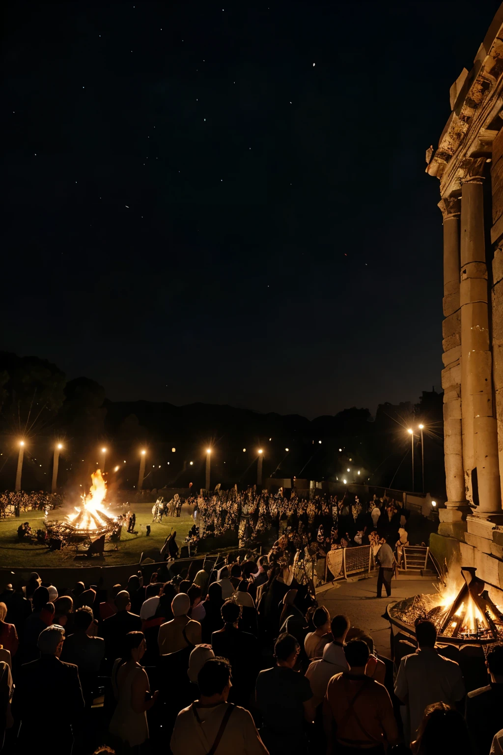 ancient roman get together, hundreds of people dancing around bonfire, eating and enjoying at night in ancient roman clothes