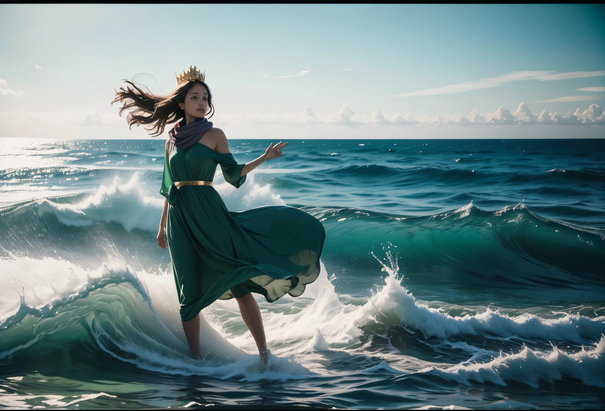 
Cinematic photography a beautiful woman in a green dress and a gold crown stood in the middle of the sea. The sea water is clear green and calm. The sky is light blue with few clouds. The visual effect used is the effect of the wind blowing the woman's scarf until it waves in the air. on the background and the effect of the light on the woman. the waves were scary high, faded film, desaturated, 35mm photo, grainy, vignette, vintage, Kodachrome, Lomography, stained, highly detailed, found footage