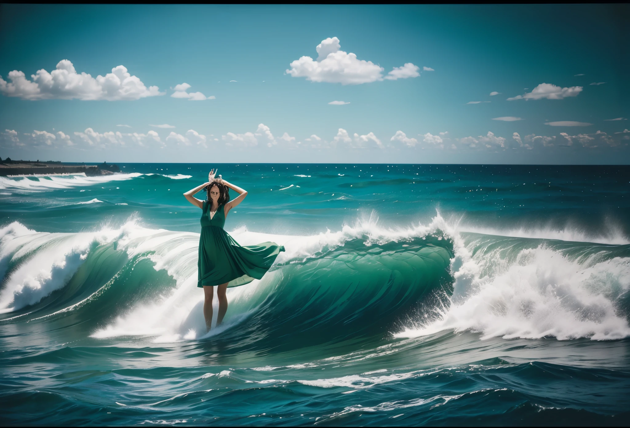 Cinematic photography a beautiful woman in a green dress and a gold crown stood in the middle of the sea. The sea water is clear green and calm. The sky is light blue with few clouds. The visual effect used is the effect of the wind blowing the woman's scarf until it waves in the air. on the background and the effect of the light on the woman. the waves were scary high, faded film, desaturated, 35mm photo, grainy, vignette, vintage, Kodachrome, Lomography, stained, highly detailed, found footage