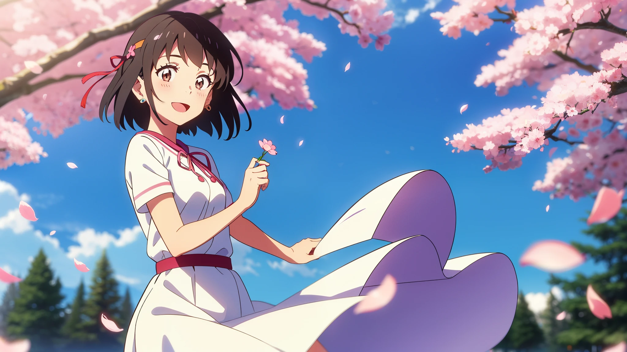 shinkai makoto, kimi no na wa., 1girl, bangs, black hair, blush, round eyes, bright eyes, brown eyes, red headband, red ribbon, short hair, shinny hair, smile, open mouth, :D. cute, beautiful, shiny skin, looking at the viewer, solo, white dress with cherry blossoms, short sleeves, earrings, cherry_blossoms, falling_petals, petals, branch, pink_flower, blue_sky, sunlight, spring_season, perfect hands, holding_flower, wind, tree