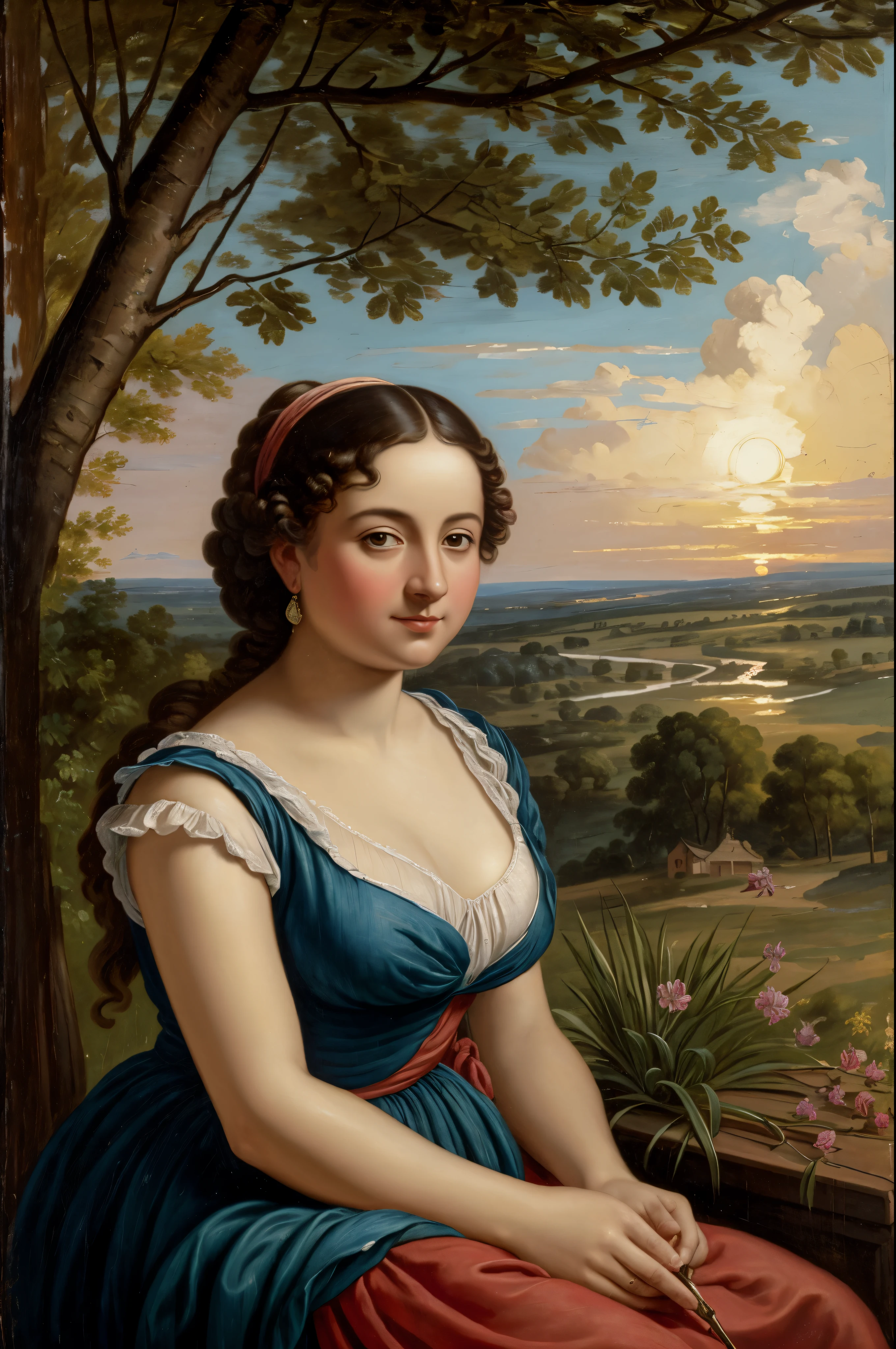 (front, solo portrait): 1 Cute young 35 years old girl , thick healthy figure, (in the style of José de Ribera, Kavarajism), beautiful Linen clothes, figure revealing dress, [Background: landscape nature France(in the scarlet sunset)  in the style of Francois Boucher], baroque, mist, very colorful, ((Palette / palette knife, oil painted)), style, teal, ((tmasterpiece)), Single Shot, Impression ,extreme high detail, perspective, 8K