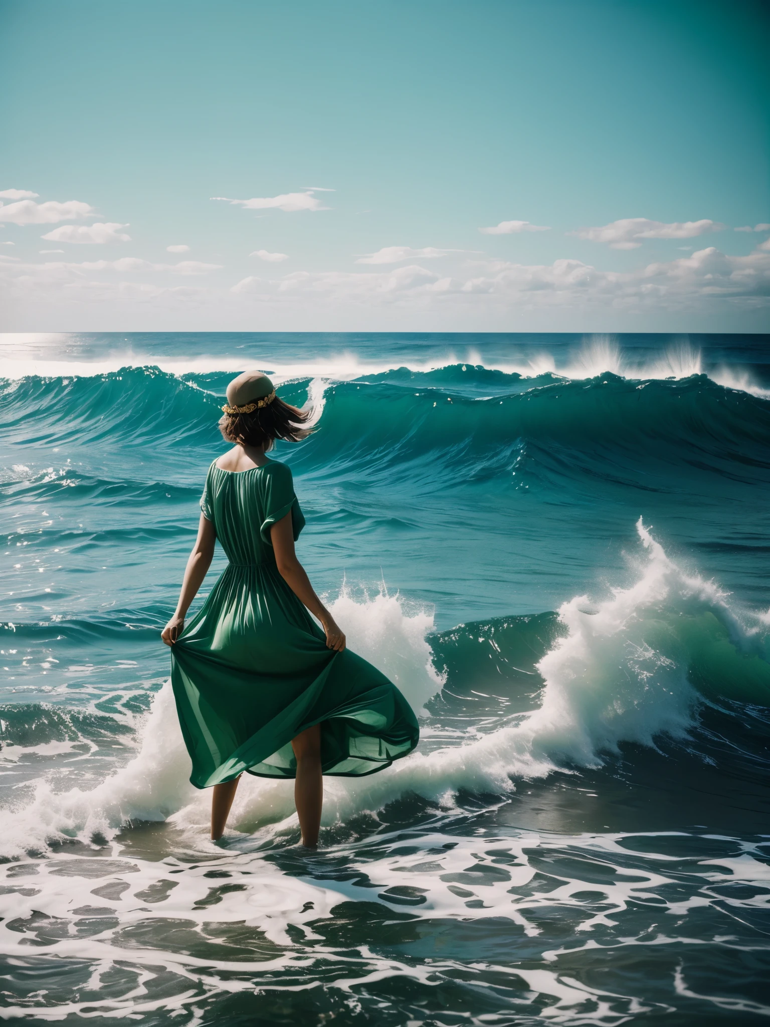 Cinematic photography a beautiful woman in a green dress and a gold crown stood in the middle of the sea. The sea water is clear green and calm. The sky is light blue with few clouds. The visual effect used is the effect of the wind blowing the woman's scarf until it waves in the air. on the background and the effect of the light on the woman. the waves were scary high, faded film, desaturated, 35mm photo, grainy, vignette, vintage, Kodachrome, Lomography, stained, highly detailed, found footage