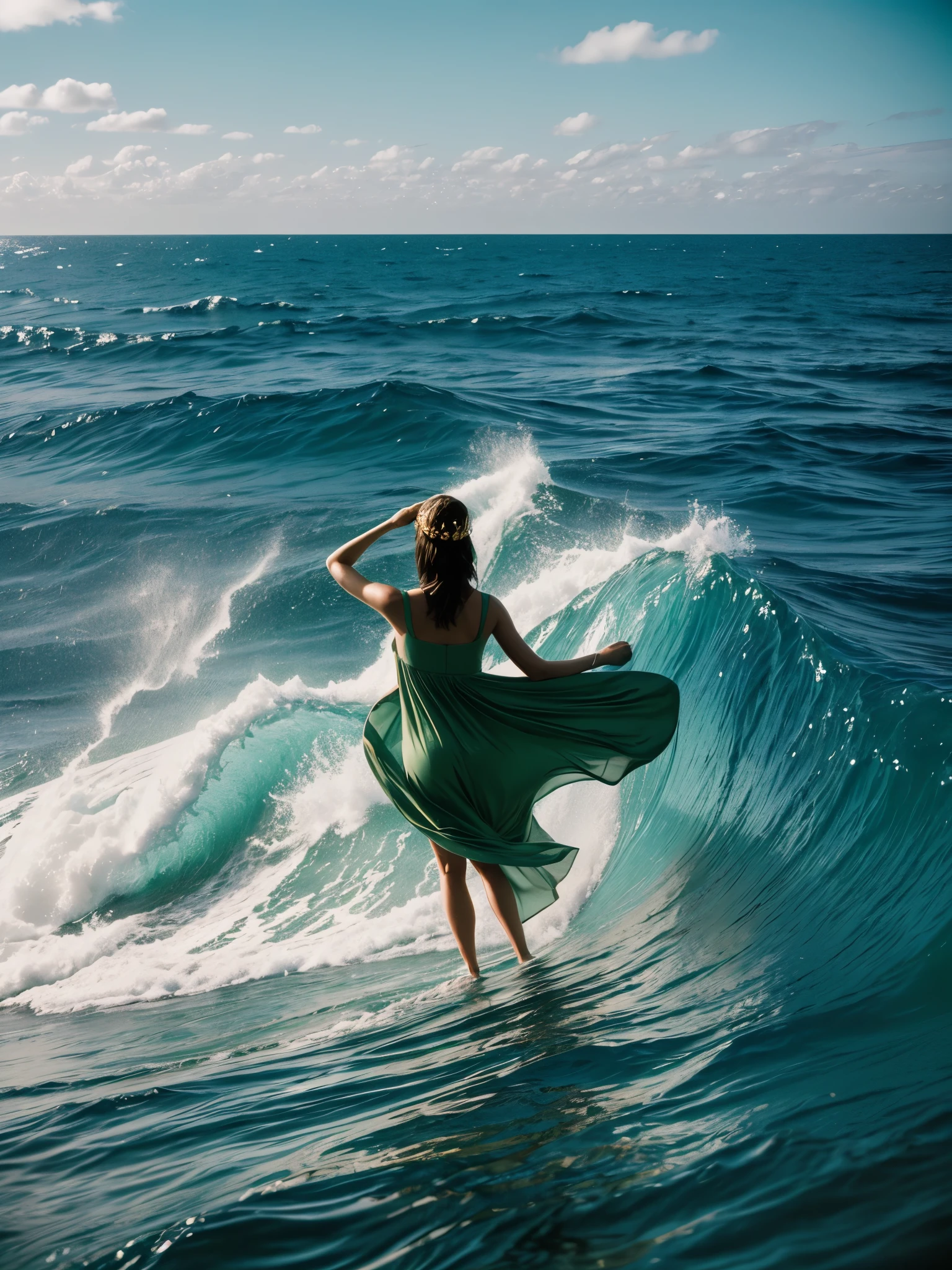 Cinematic photography a beautiful woman in a green dress and a gold crown stood in the middle of the sea. The sea water is clear green and calm. The sky is light blue with few clouds. The visual effect used is the effect of the wind blowing the woman's scarf until it waves in the air. on the background and the effect of the light on the woman. the waves were scary high, faded film, desaturated, 35mm photo, grainy, vignette, vintage, Kodachrome, Lomography, stained, highly detailed, found footage