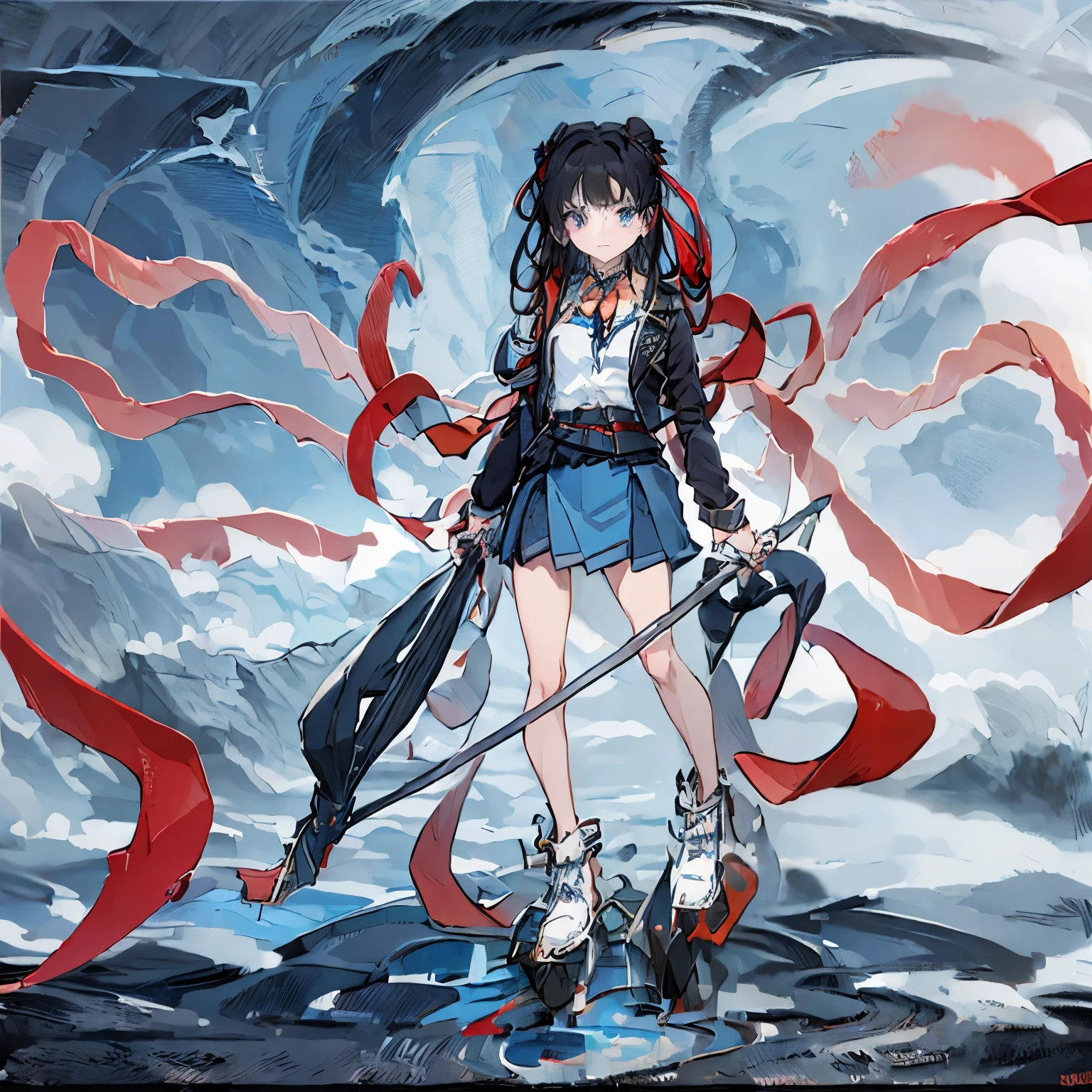 anime, black hair,  girl, blue jacket, blue eyes, dark blue skirt, red ribbon around the neck, full height, Full-length girl, highest quality, Broken glass, Broken glass, glass powder々cracked into、China，Fighter