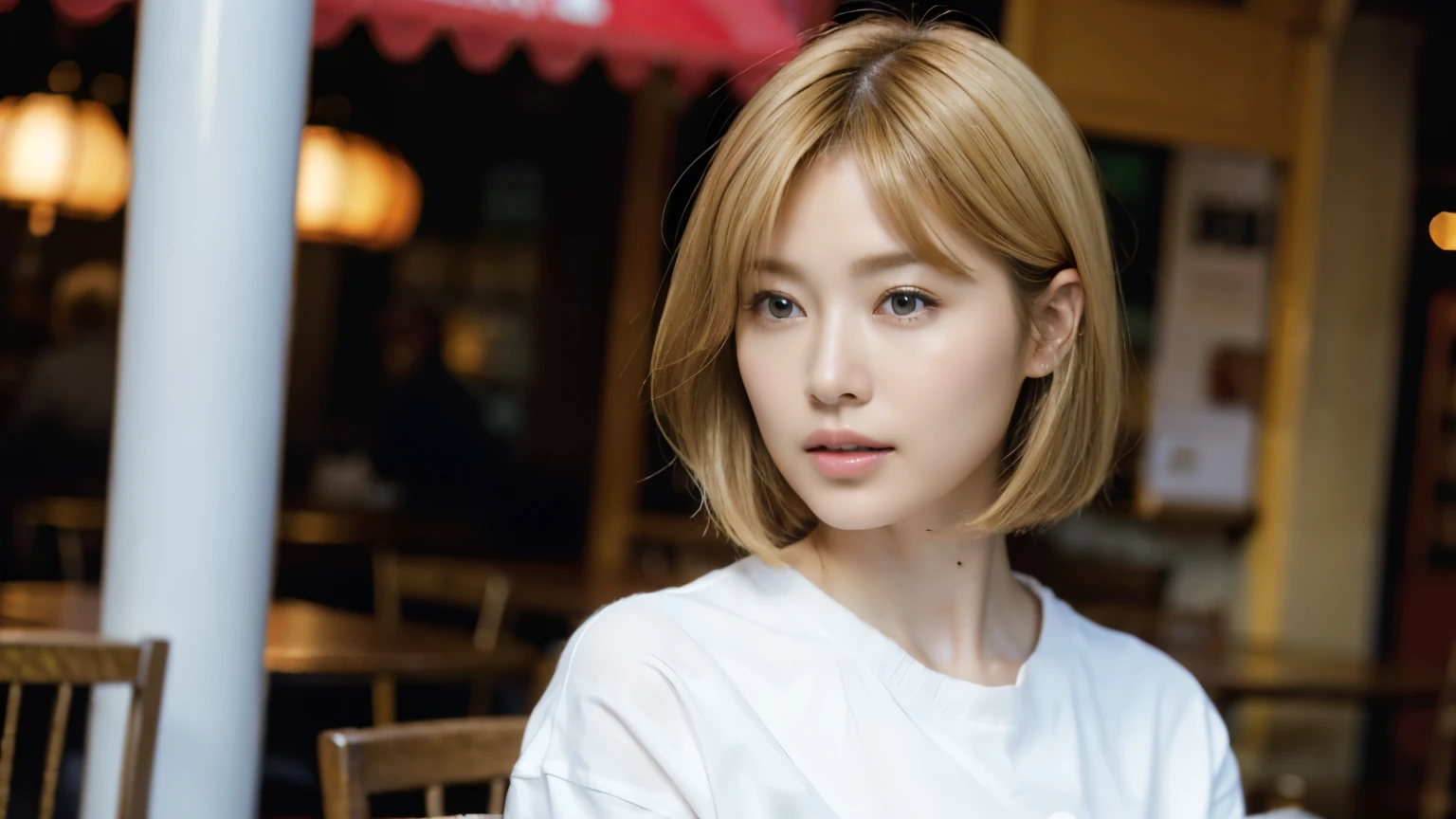 (masterpiece:1.2), super detailed, ultra high resolution, (realistic, photo realistic:1.37), High-definition RAW color photos, professional photos, highly detailed face, very fine eyes, highly detailed skin, very fine fingers, highly detailed nose, highly detailed mouth, perfect anatomy, highly detailed background, (famous japanese actress:1.2), (gal:1.3), Brown people, (blonde hair:1.3), Very short cut hair, cafe background, Cafes in New York, (wearing a white shirt:1.3),