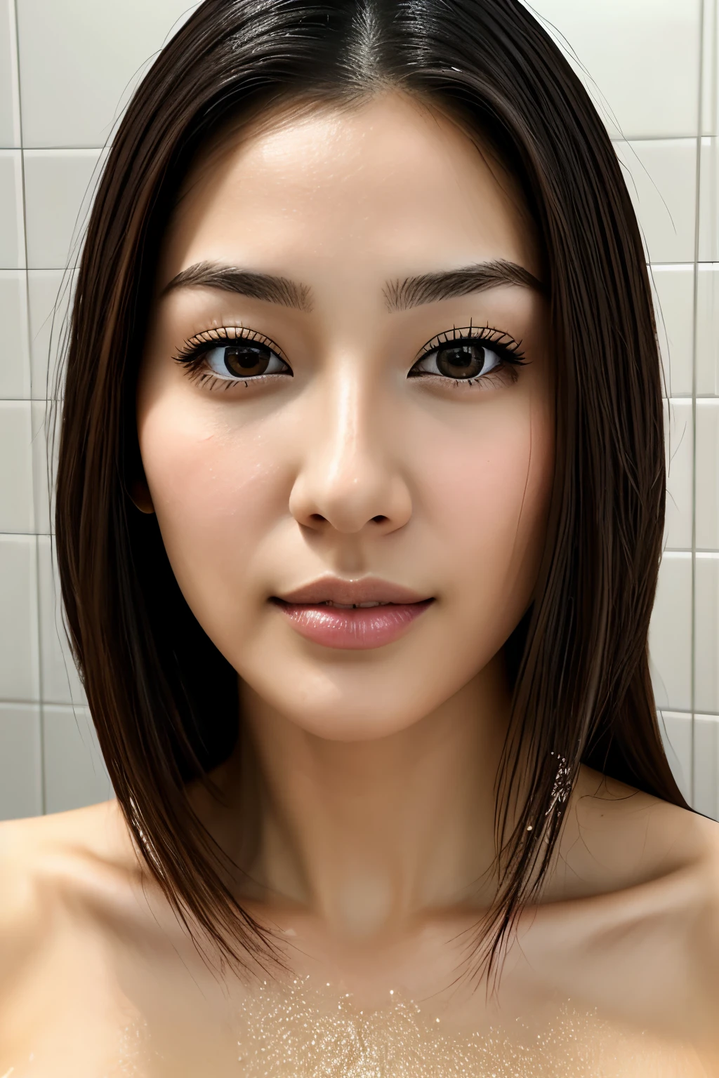 beautiful japanese,1 girl(masterpiece:1.2, highest quality), (realistic, photorealistic:1.4),, focus the eyes clearly, nose and mouth,face focus, super close up of face、 35 years old,black hair、symmetrical face,realistic nostrils、Angle from below、Elongated C-shaped nostril NSFW,(sharp nose)skin shining with sweat、shiny skin((thin eyebrows))oily skin、radiant glowing skin、double eyelid、Beautiful woman、medium hair,(taking a shower)、