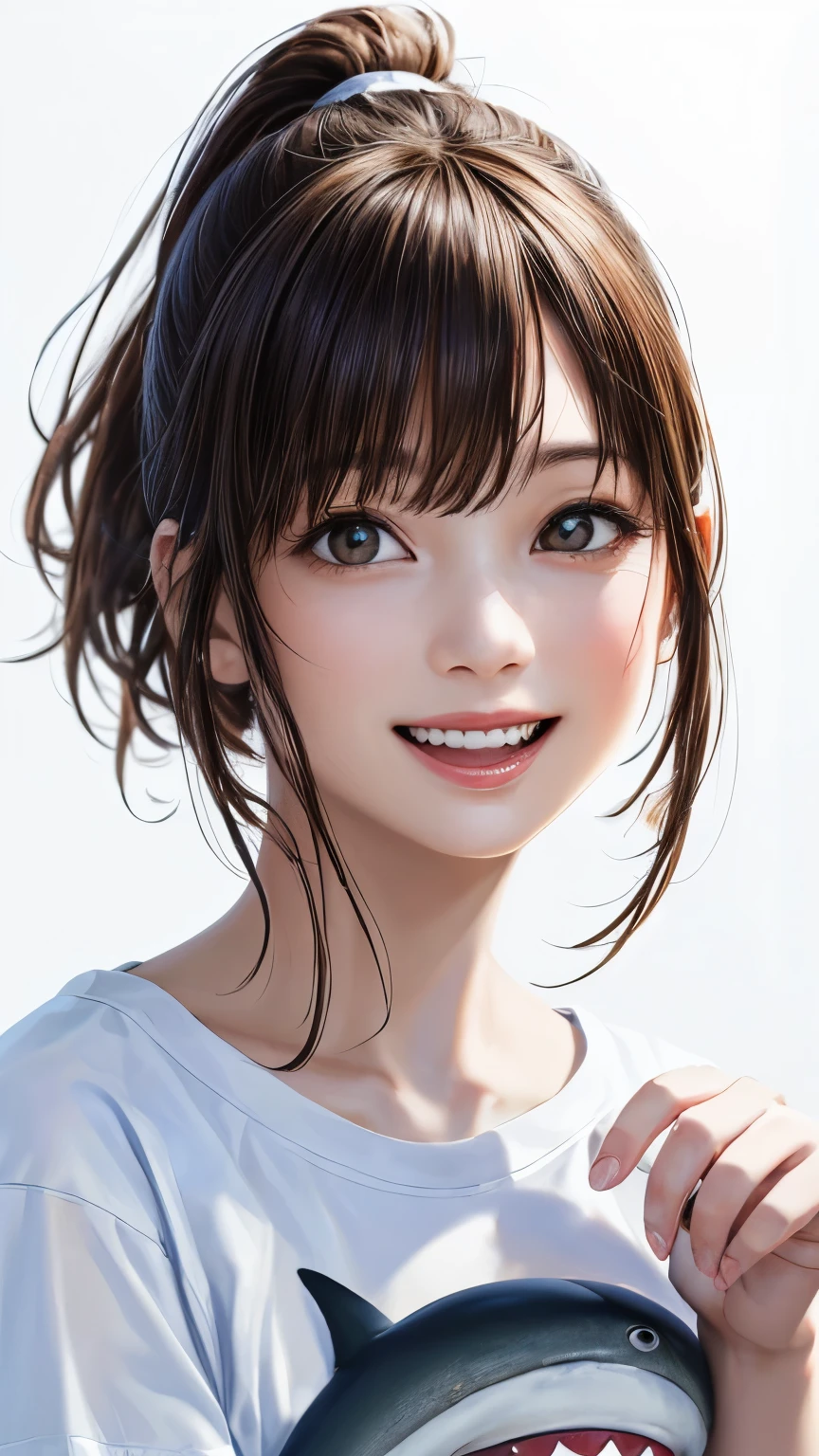 (highest quality、8K、32k、masterpiece)、(realistic)、(Photoreal:1.2)、(High resolution)、Super detailed、very beautiful face and eyes、1 girl、round and small face、thin waist、delicate body、(close、highest quality、high detail、rich skin details)、(highest quality、8K、oil paint:1.2)、Super detailed、(realistic、realistic:1.37)、bright colors、(((flaxen hair)))、(((bust shot)))、(((short hair)))、(((ponytail hair)))、(((pure white wall background)))、(((pure white wall background)))、(((She has a happy expression)))、(((I&#39;laughing)))、(((Wearing a navy blue T-shirt)))、(((A T-shirt with a picture of a shark on the chest..)))、(((look straight ahead)))、(((I have brown hair)))、(((smiling)))、(((Hands are above the head)))、(((Cute pochette on the waist)))