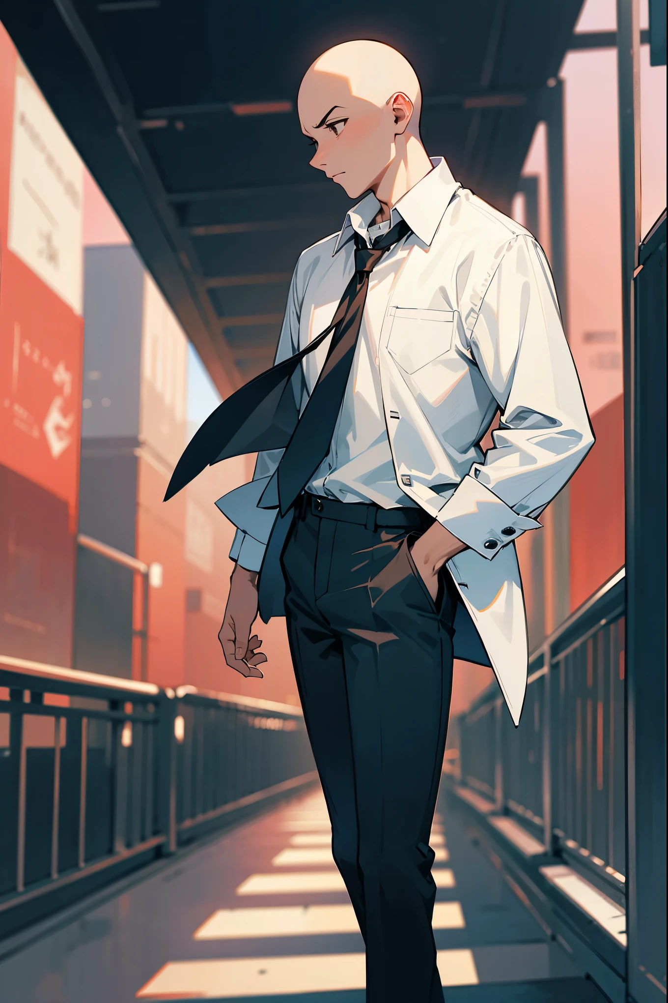 1male, adult, bald, brown eyes, white button up shirt, dress pants, dress shoes, city background, detailed background, walking on path, hands in pocket, confused, emotionless expression