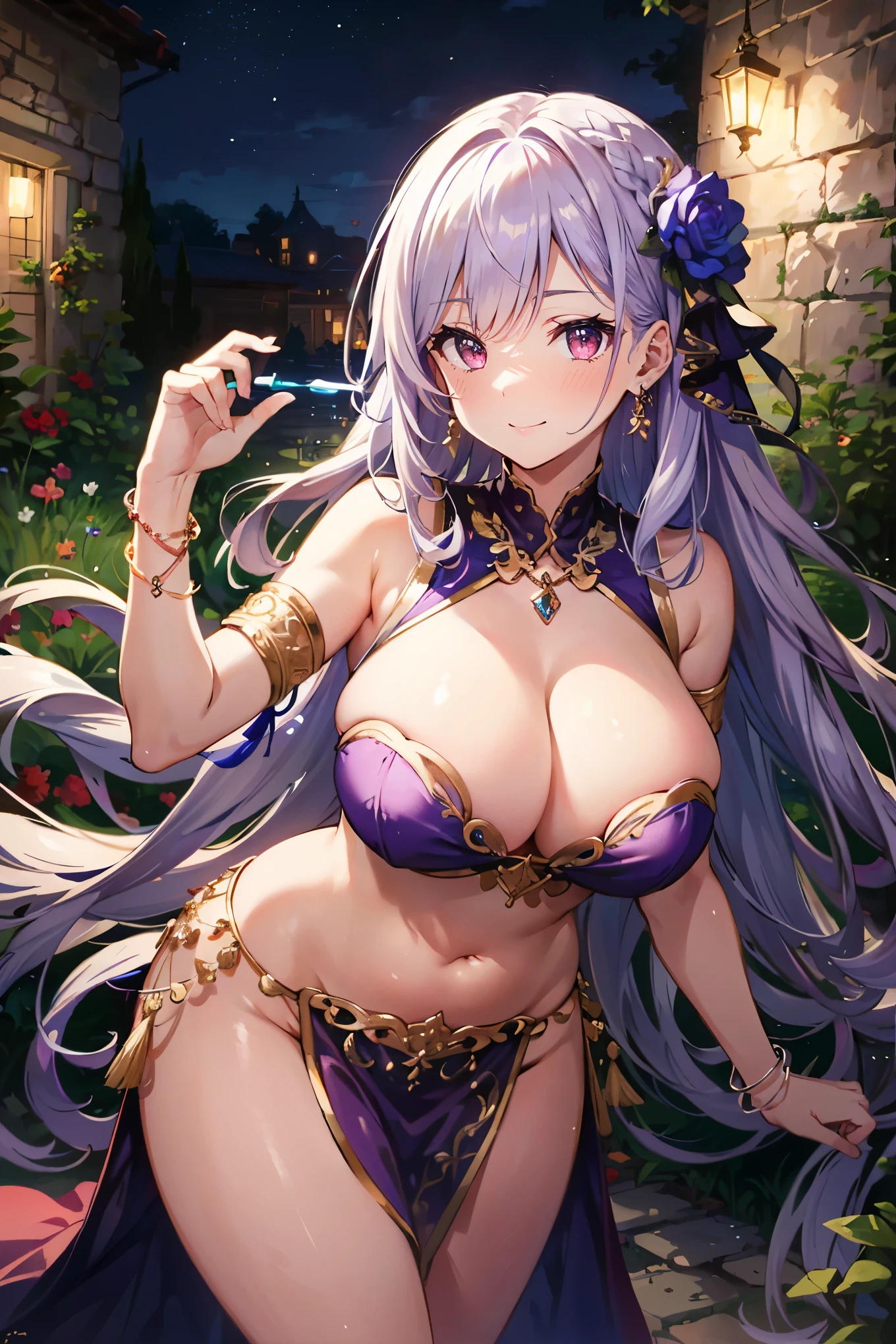 high quality, ultra detailed, best quality, insanely detailed, beautiful, masterpiece, 1girl, garden, medieval Europe, cowboy shot, red eyes, long hair, light purple hair, (belly dancer, harem outfit, pelvic curtain:1.2), purple costume, bare legs, circlet, earrings, armlets, bracelets, bashful smile, dancing, large breasts, cleavage, soft stomach