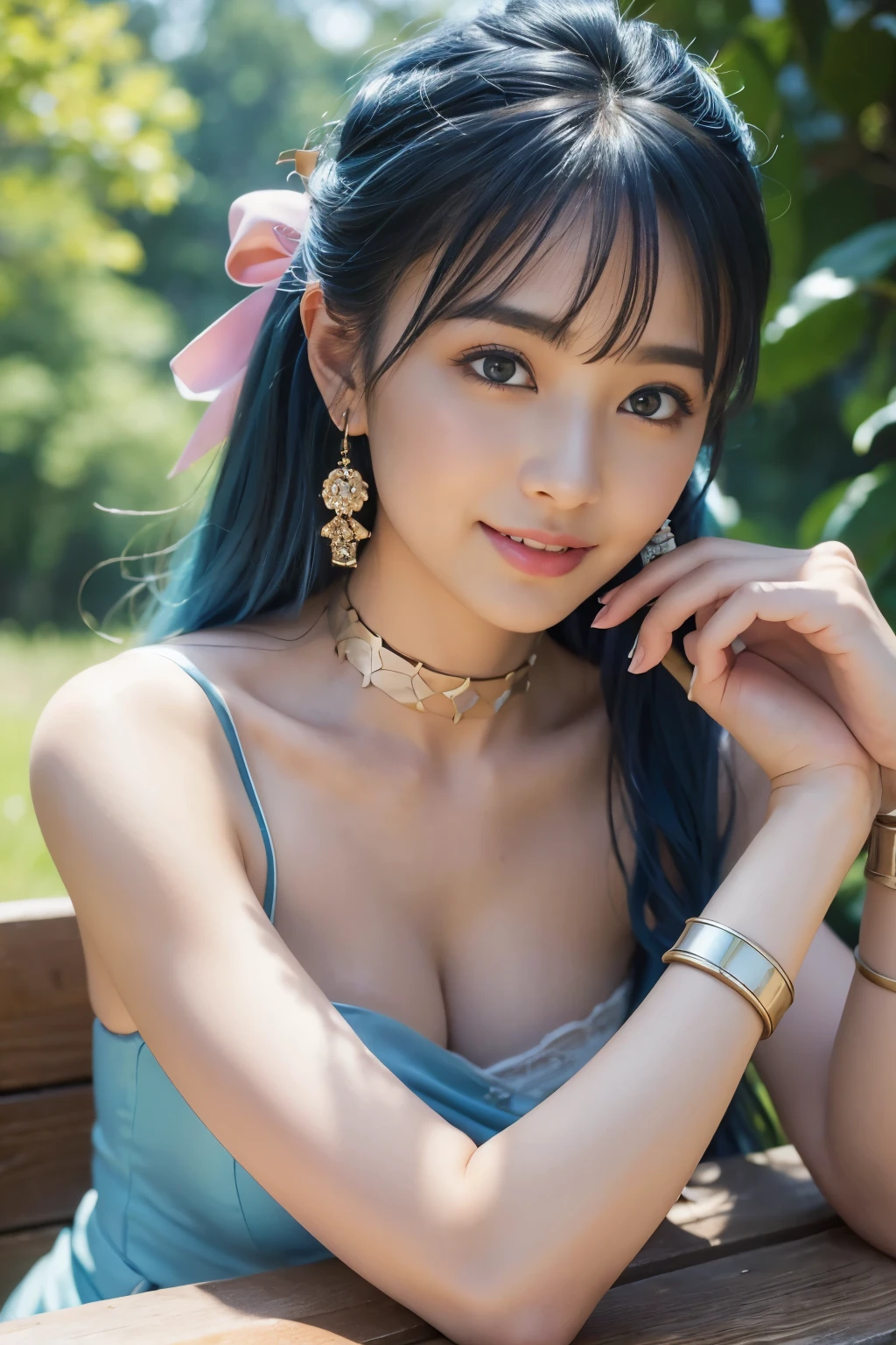 masterpiece、1 beautiful girl、fine eyes、smile,puffy eyes、highest quality, 超High resolution, (reality: 1.4), movie lighting、super beautiful、beautiful skin、body facing forward、Upper body,close up of face,(超reality的な)、(High resolution)、(8k)、(very detailed)、(美しくfine eyes)、(Super detailed)、 (wall-)、detailed face、bright lighting、professional lighting、looking at the viewer、look straight ahead、slanted bangs、perfect cosplay,(table top:1.3),(highest quality:1.3),{{High resolution}} ,{{Very beautiful and delicate}}, blue hair ribbon, bracelet, choker, earrings, long one piece dress, sash, looking at the viewer, big breasts, smile, From the side, forest, wood, Alpine forests, On the shores of the lake
 