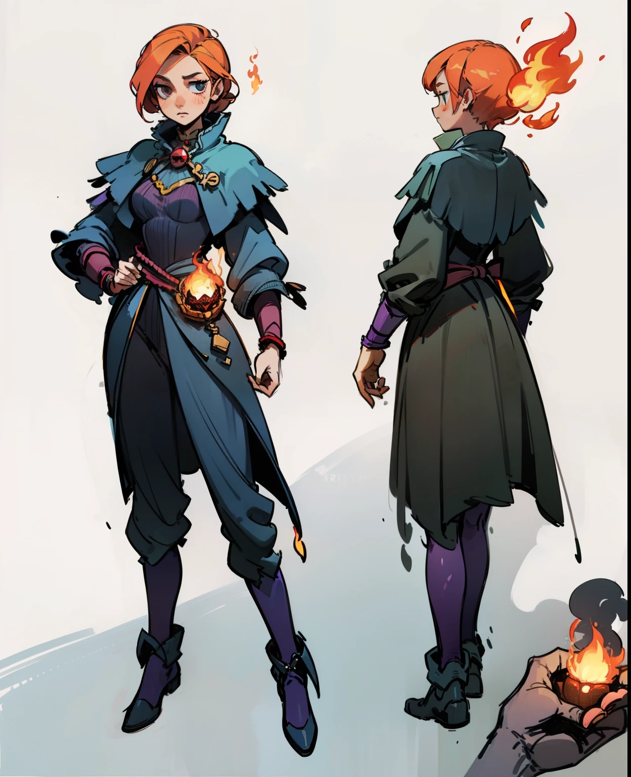 Concept art, girl magician, pyromancer, fire magician, fire hand, sketch, simple style