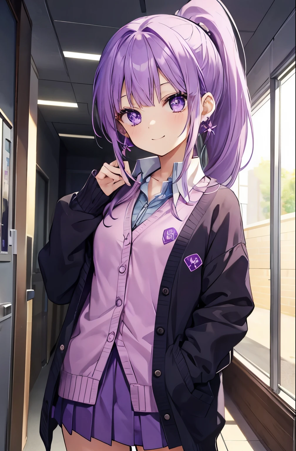 purple hair purple eyes、 girl、small breasts、Ponytail、smile、gal girl、wearing cute earrings、I can see your pants、gal、cute uniform、miniskirt、I can see my underwear、knit cardigan