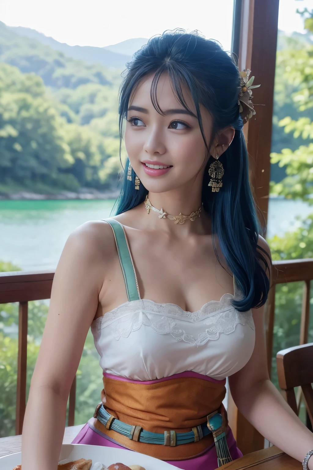 masterpiece、1 beautiful girl、fine eyes、smile,puffy eyes、highest quality, 超High resolution, (reality: 1.4), movie lighting、super beautiful、beautiful skin、body facing forward、Upper body,close up of face,(超reality的な)、(High resolution)、(8k)、(very detailed)、(美しくfine eyes)、(Super detailed)、 (wall-)、detailed face、bright lighting、professional lighting、looking at the viewer、look straight ahead、slanted bangs、perfect cosplay,(table top:1.3),(highest quality:1.3),{{High resolution}} ,{{Very beautiful and delicate}}, bright blue hair ribbon, bracelet, choker, earrings, long one piece dress, sash, looking at the viewer, big breasts, smile, From the side, forest, wood, Alpine forests, On the shores of the lake
 